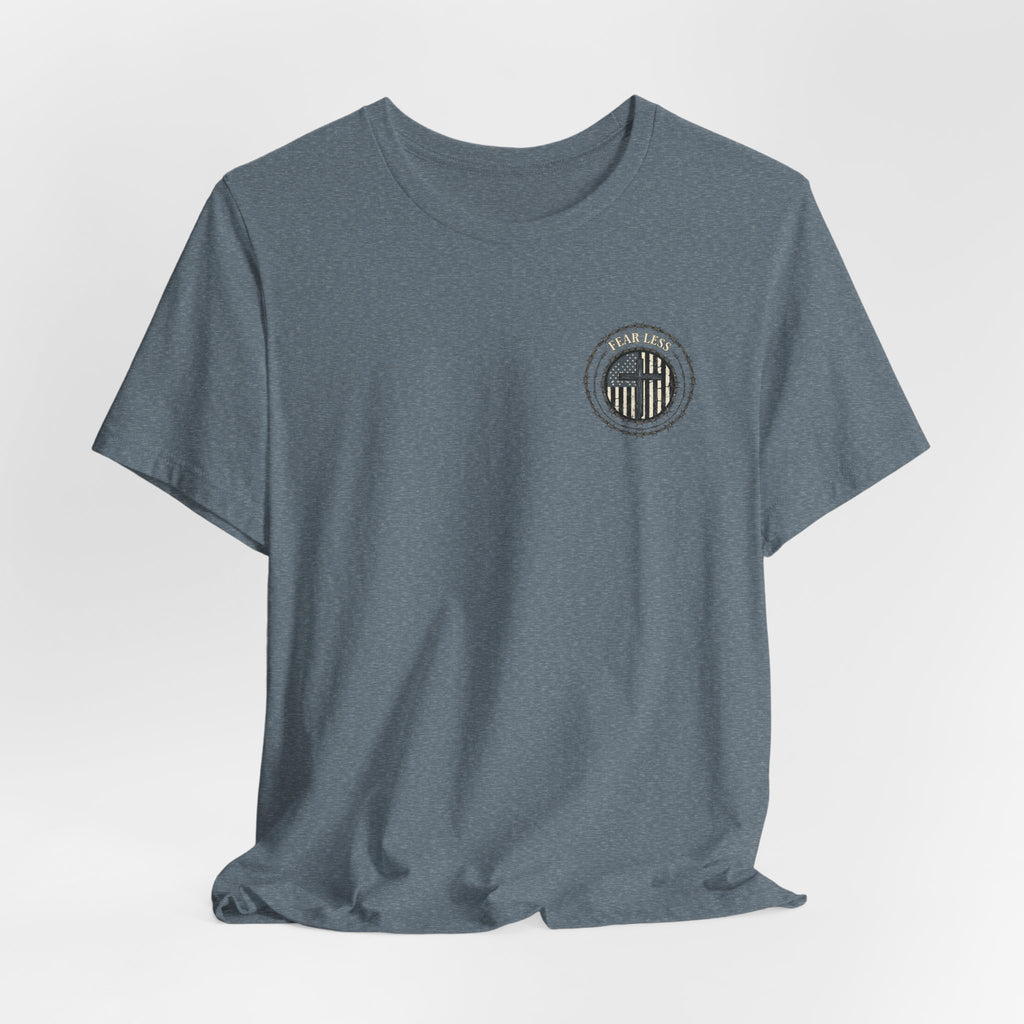 Fearless American Flag T‑Shirt — Distressed Barbed Wire Military Patriotic Tee