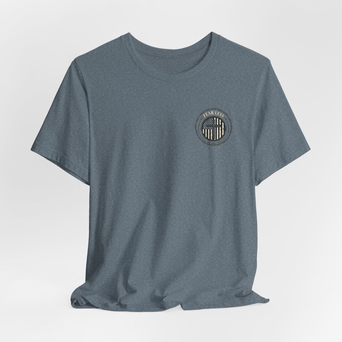Fearless American Flag T‑Shirt — Distressed Barbed Wire Military Patriotic Tee