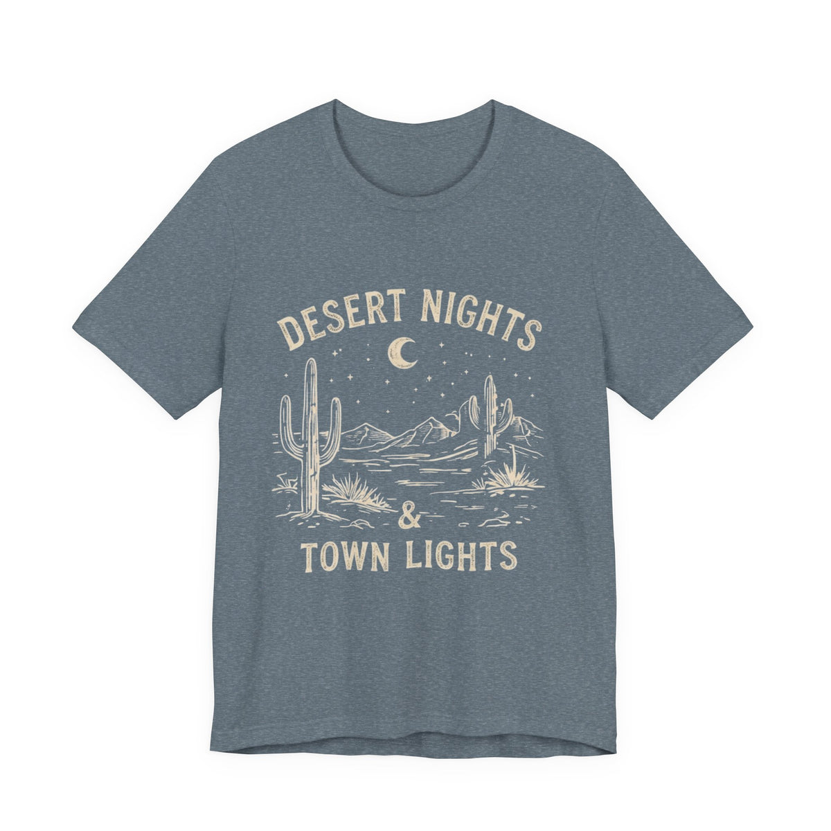 Desert Nights & Town Lights T-Shirt — Cactus Graphic Tee, Western Night Sky Apparel, Boho Desert Shirt, Country Music Top