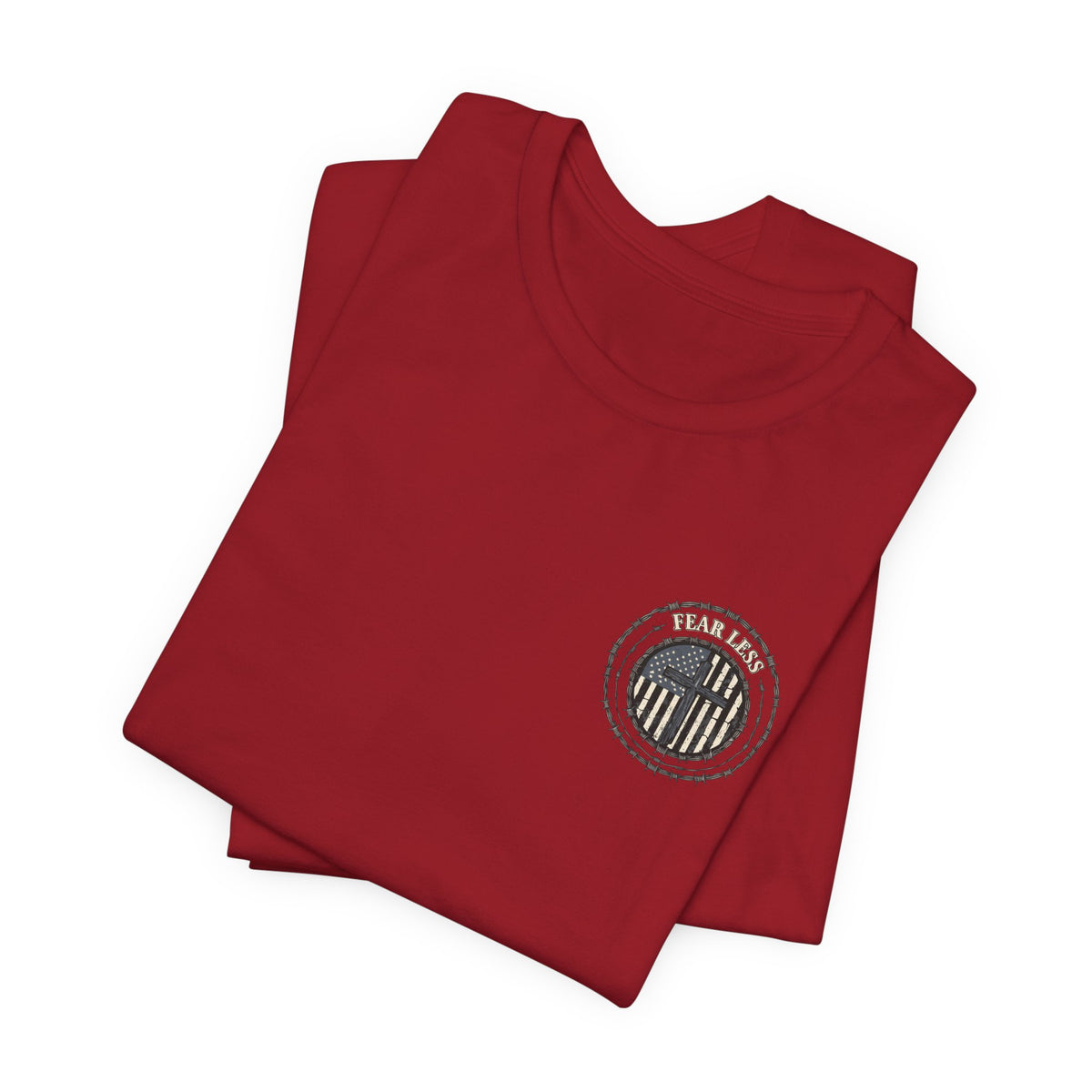 Fearless American Flag T‑Shirt — Distressed Barbed Wire Military Patriotic Tee