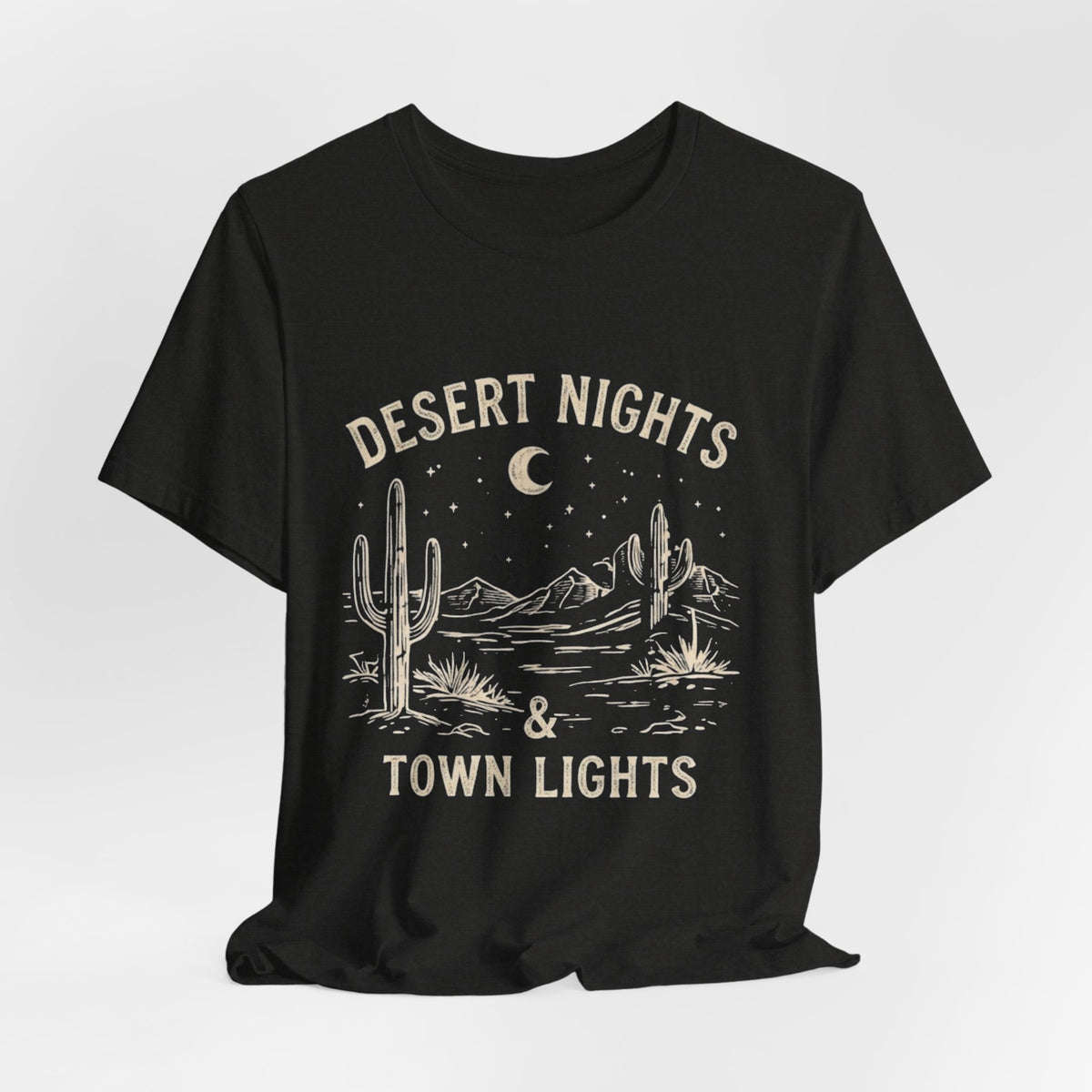 Desert Nights & Town Lights T-Shirt — Cactus Graphic Tee, Western Night Sky Apparel, Boho Desert Shirt, Country Music Top