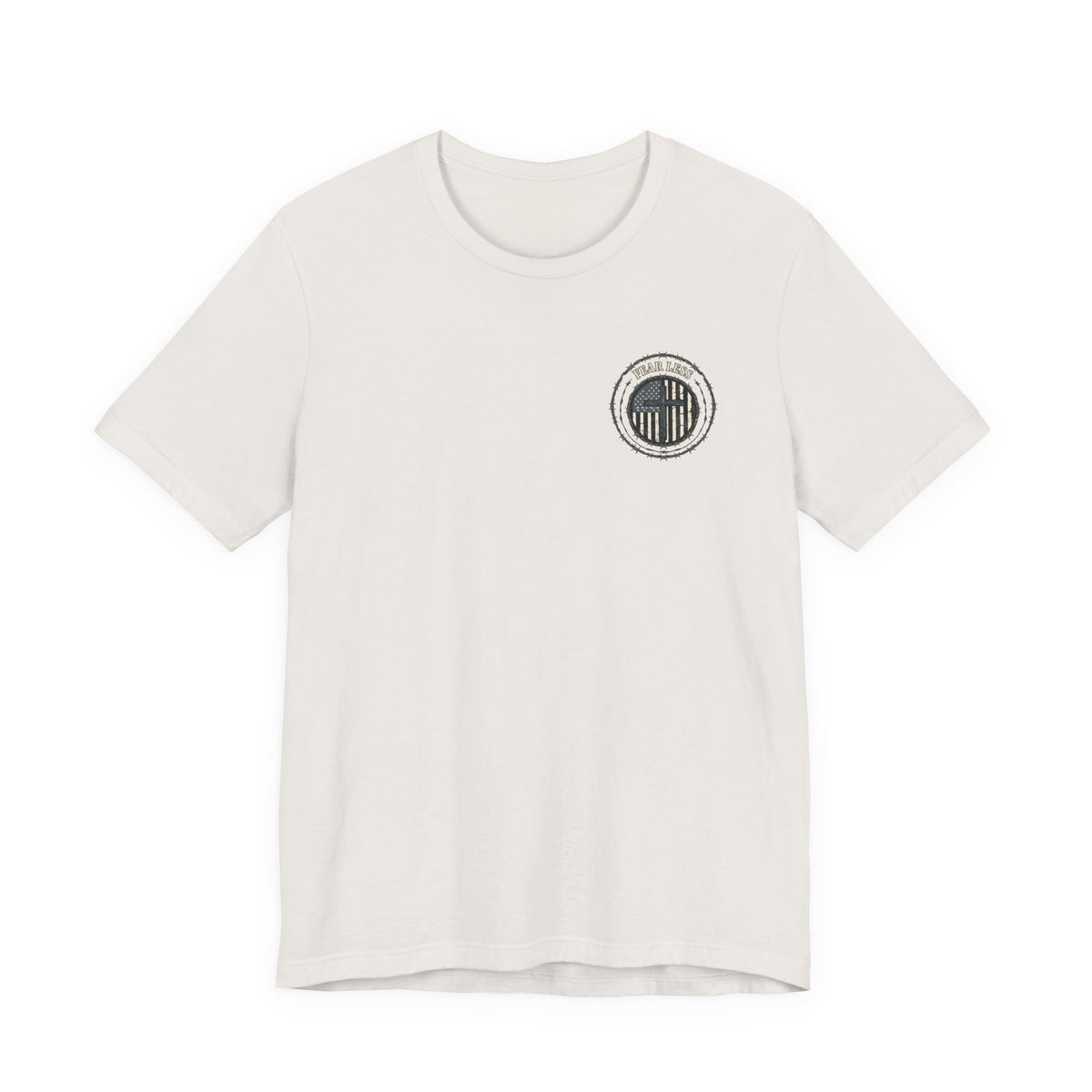 Fearless American Flag T‑Shirt — Distressed Barbed Wire Military Patriotic Tee