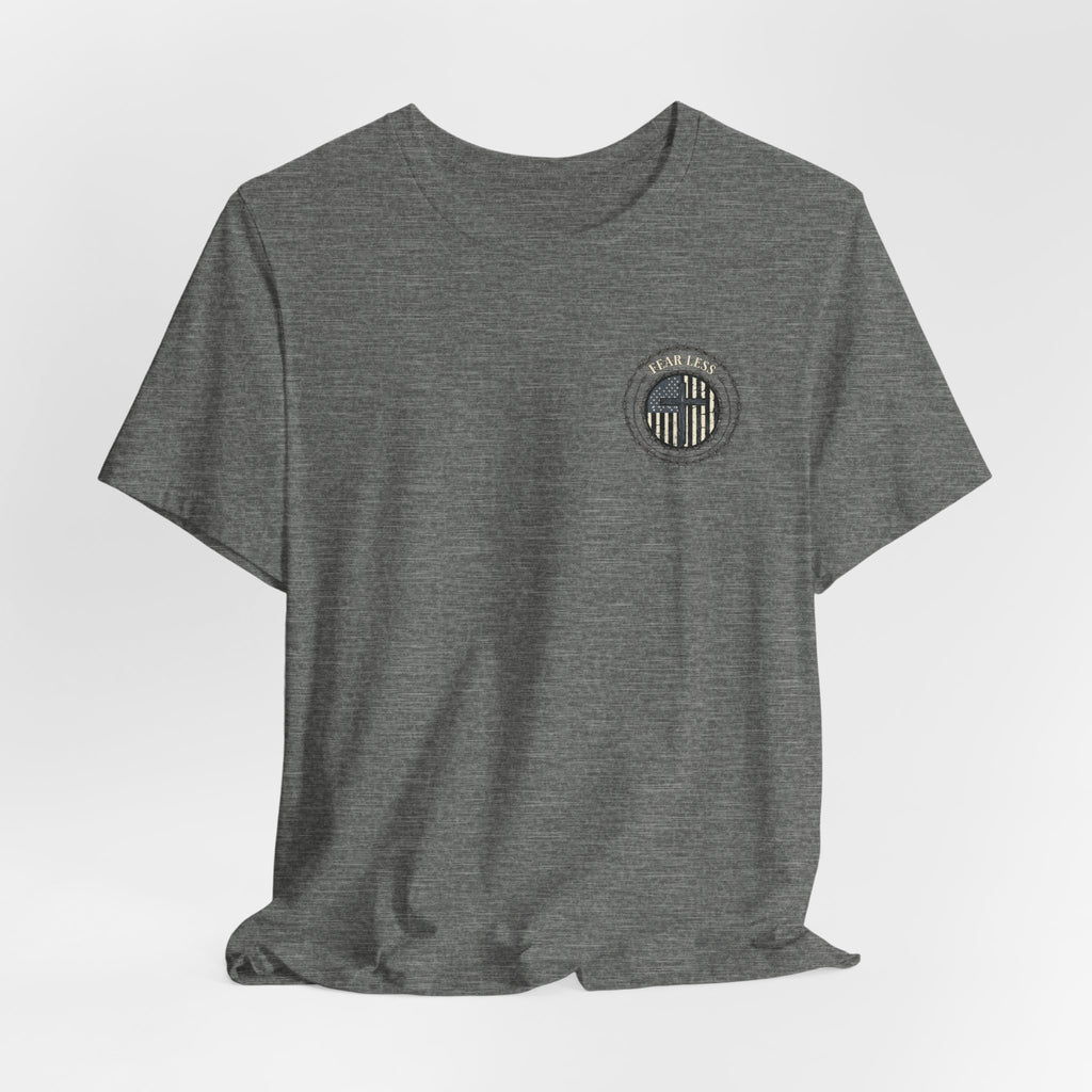 Fearless American Flag T‑Shirt — Distressed Barbed Wire Military Patriotic Tee