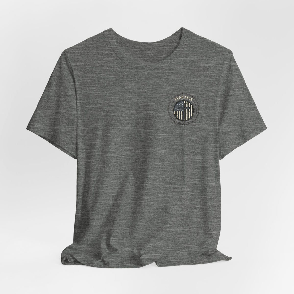Fearless American Flag T‑Shirt — Distressed Barbed Wire Military Patriotic Tee