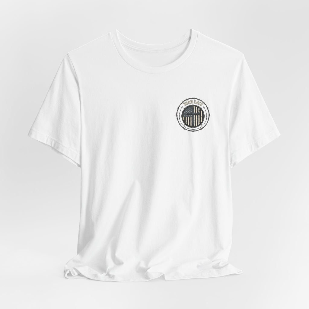 Fearless American Flag T‑Shirt — Distressed Barbed Wire Military Patriotic Tee