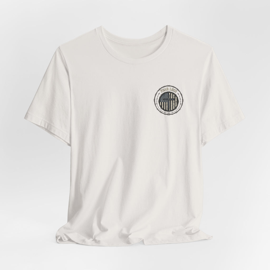 Fearless American Flag T‑Shirt — Distressed Barbed Wire Military Patriotic Tee