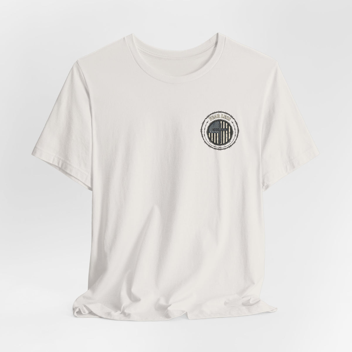 Fearless American Flag T‑Shirt — Distressed Barbed Wire Military Patriotic Tee