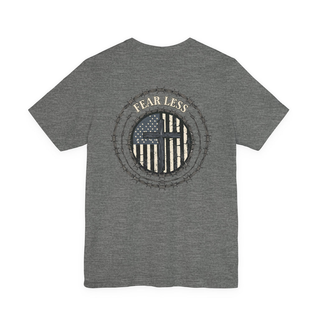 Fearless American Flag T‑Shirt — Distressed Barbed Wire Military Patriotic Tee