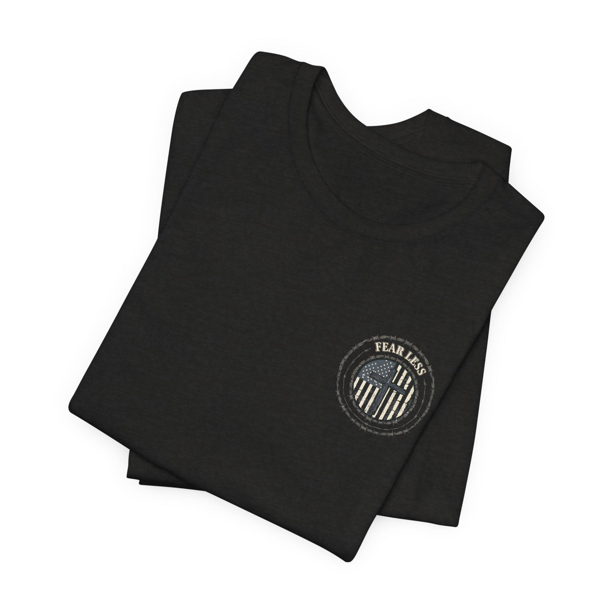 Fearless American Flag T‑Shirt — Distressed Barbed Wire Military Patriotic Tee