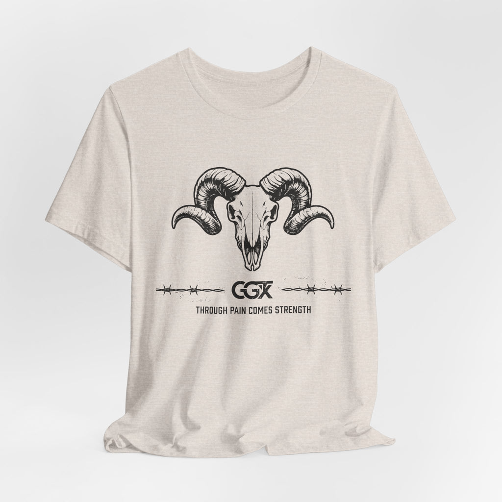 Ram Skull Graphic Tee — "Through Pain Comes Strength" Motivational T-Shirt