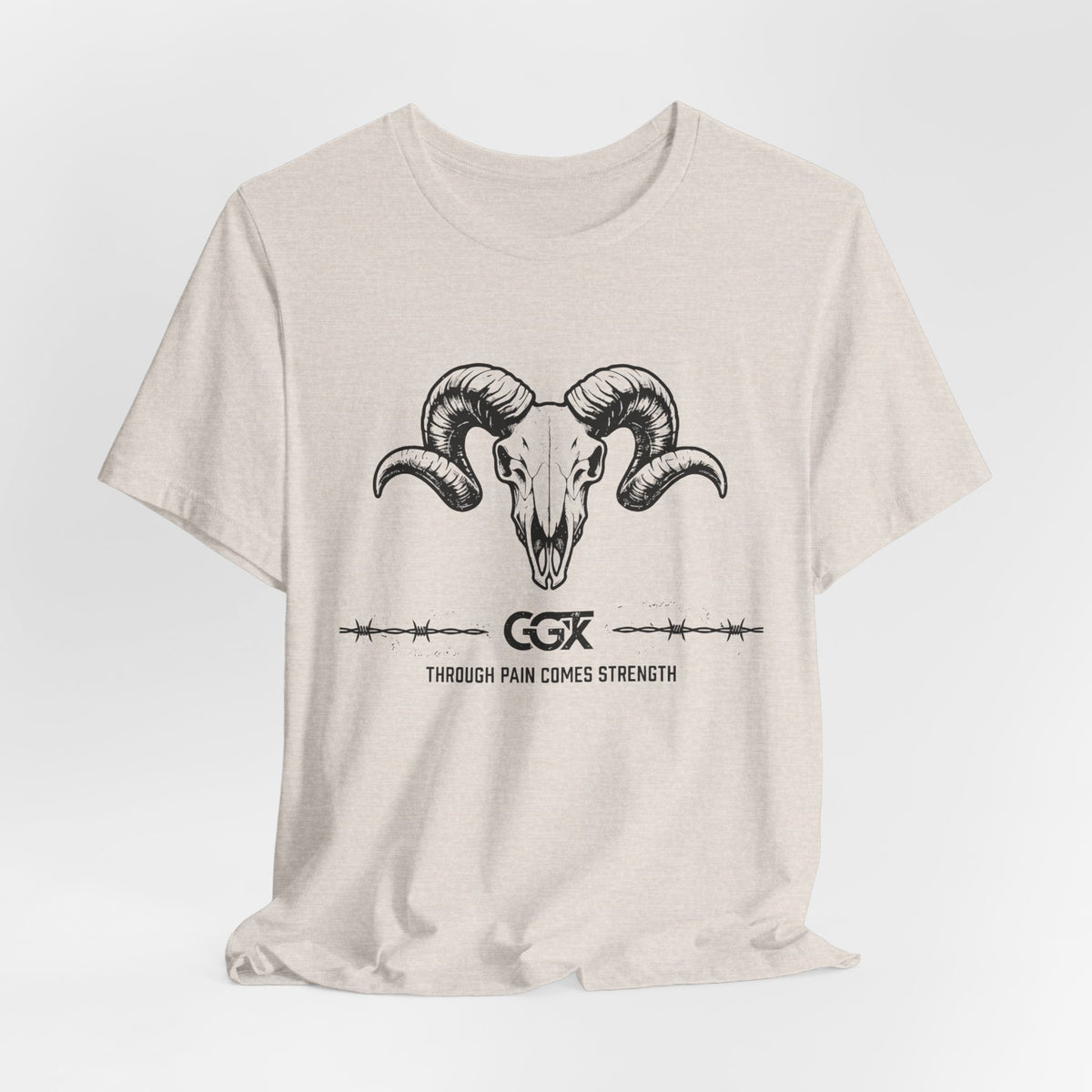 Ram Skull Graphic Tee — "Through Pain Comes Strength" Motivational T-Shirt