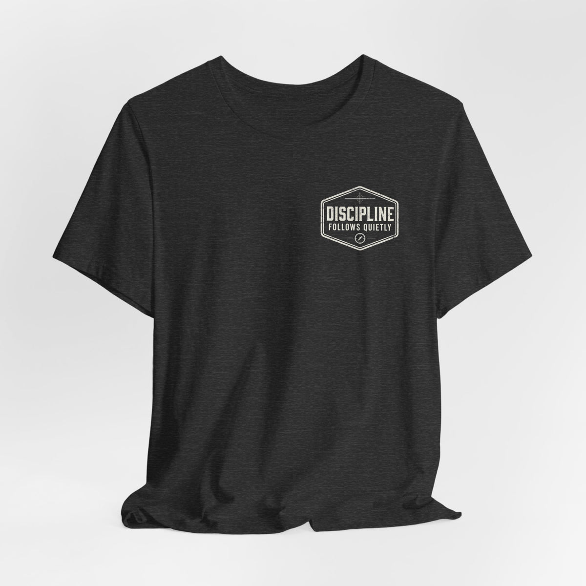 "Discipline Follows Quietly" Motivational Badge Graphic Tee