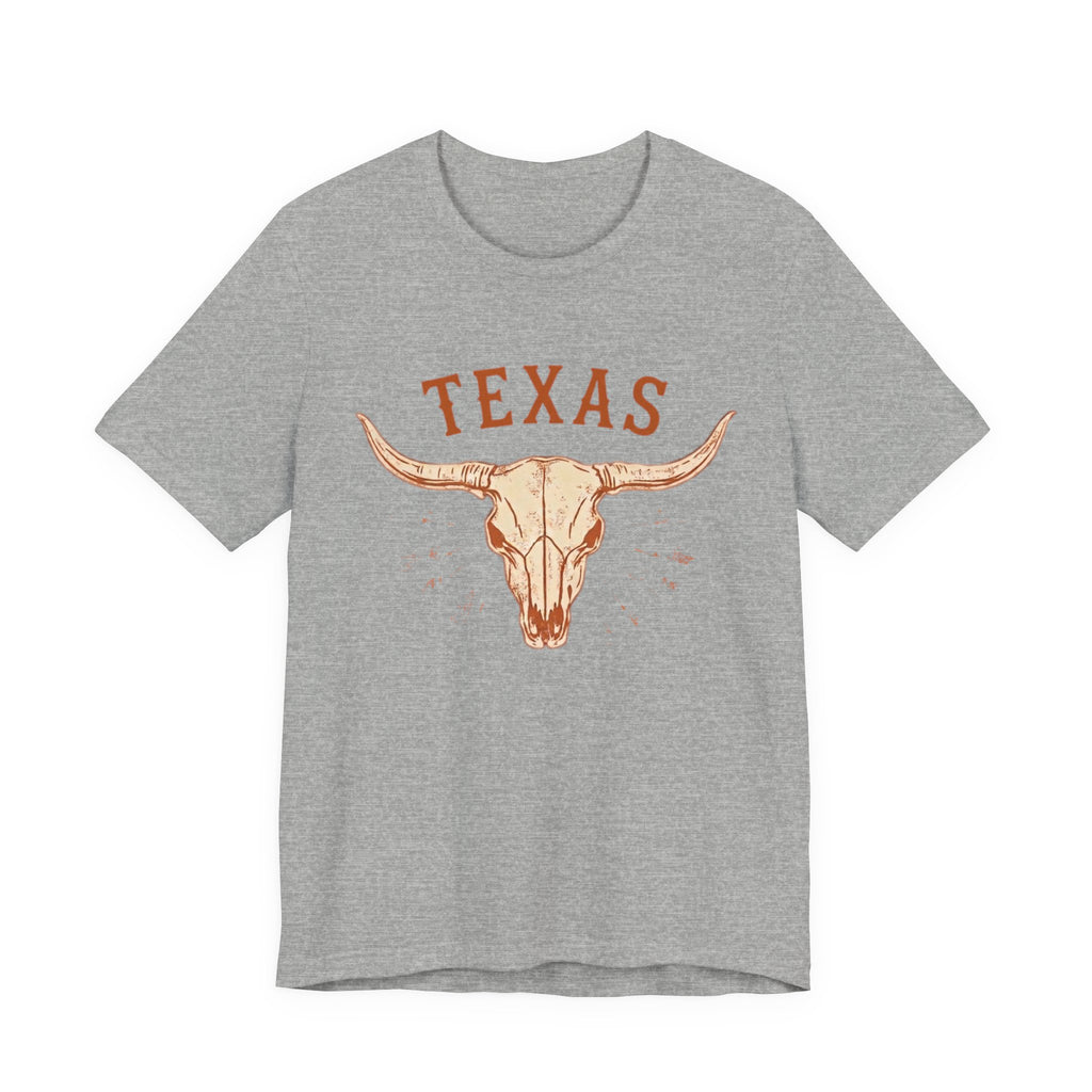 Texas Longhorn Skull T-Shirt — Minimalist Western Graphic Tee, Boho Cowgirl Apparel, Rustic Desert Shirt, Lone Star State Pride Top