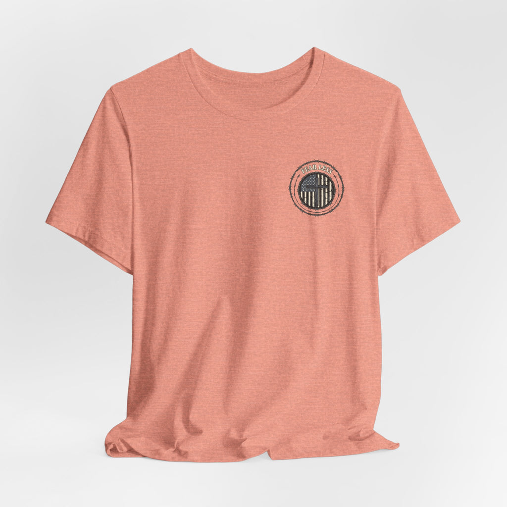 Fearless American Flag T‑Shirt — Distressed Barbed Wire Military Patriotic Tee