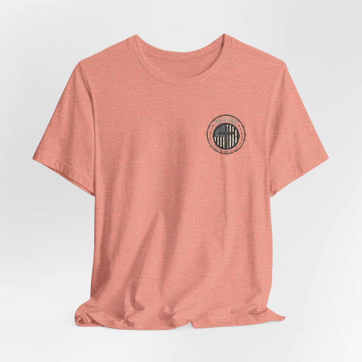 Fearless American Flag T‑Shirt — Distressed Barbed Wire Military Patriotic Tee