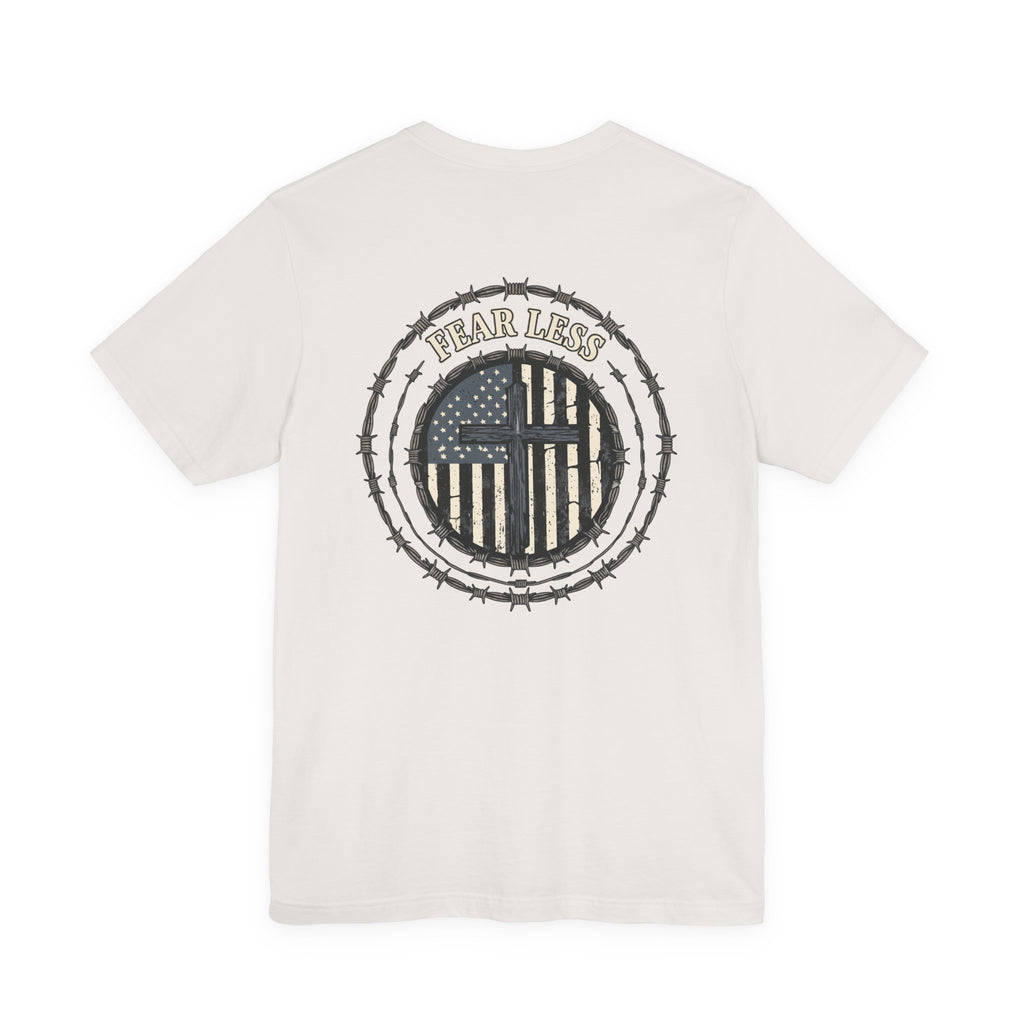 Fearless American Flag T‑Shirt — Distressed Barbed Wire Military Patriotic Tee