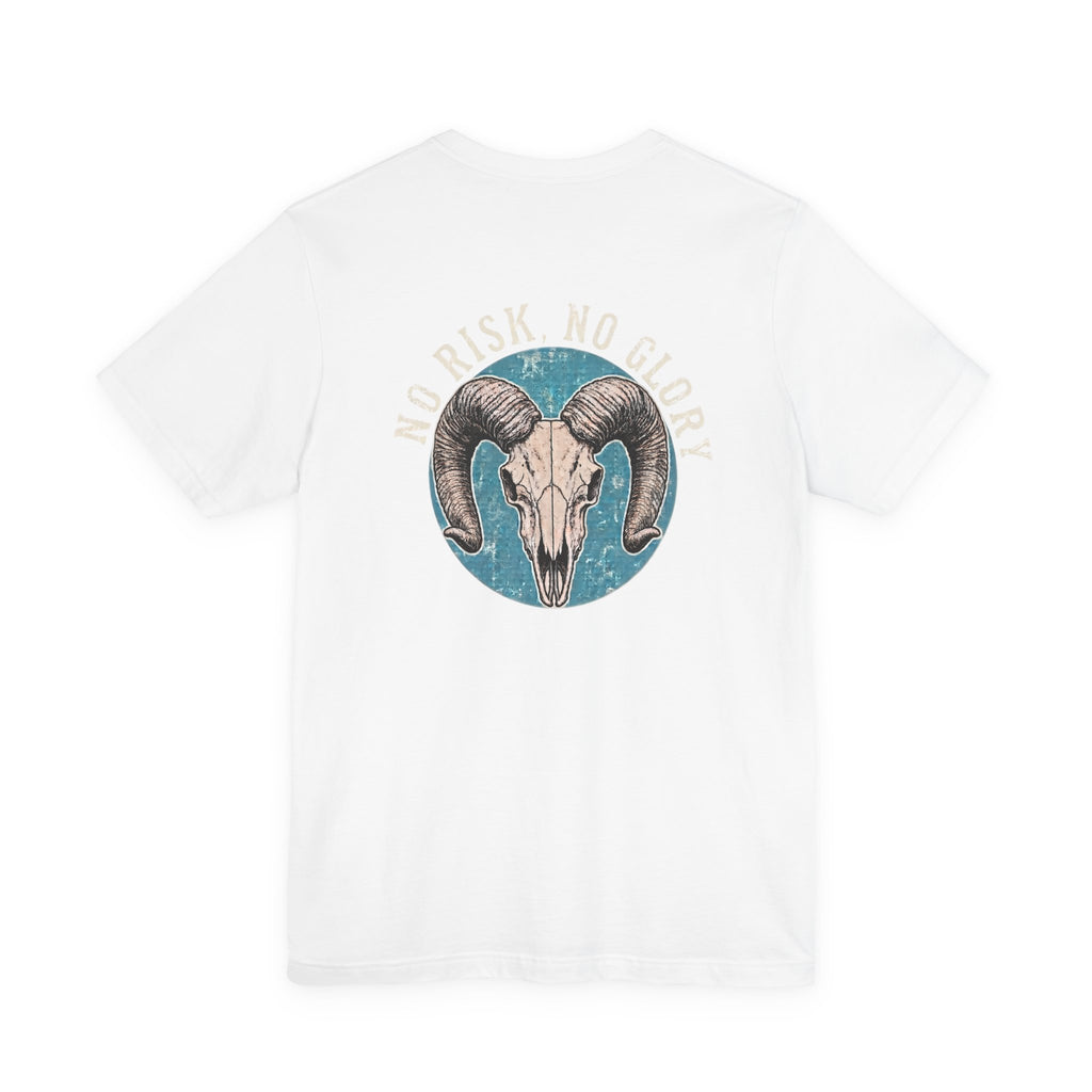 Ram Skull Tee — Vintage Ram Skull Graphic T-Shirt (Back Print: "No Risk No Glory")