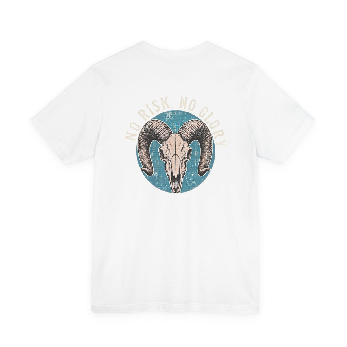 Ram Skull Tee — Vintage Ram Skull Graphic T-Shirt (Back Print: "No Risk No Glory")
