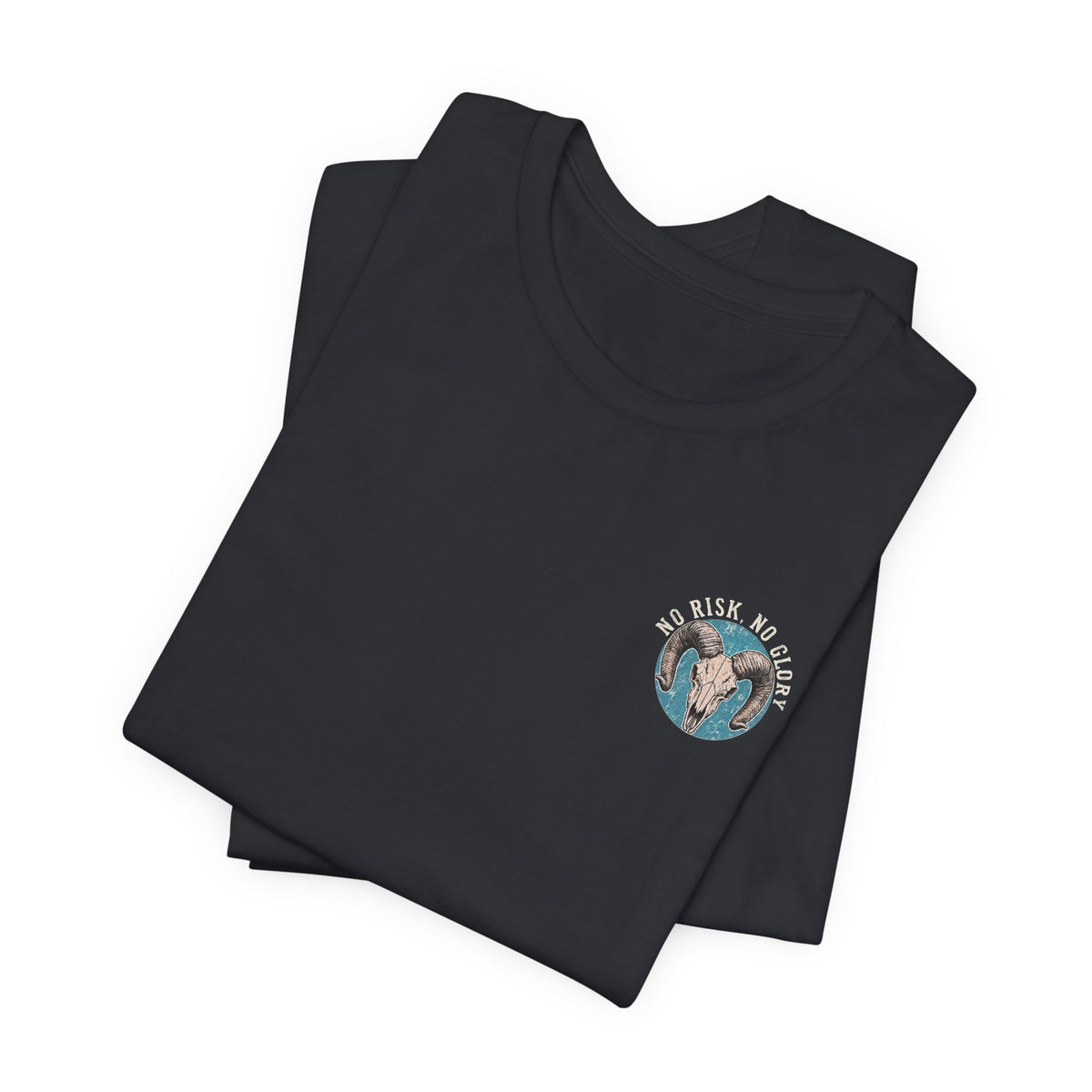 Ram Skull Tee — Vintage Ram Skull Graphic T-Shirt (Back Print: "No Risk No Glory")