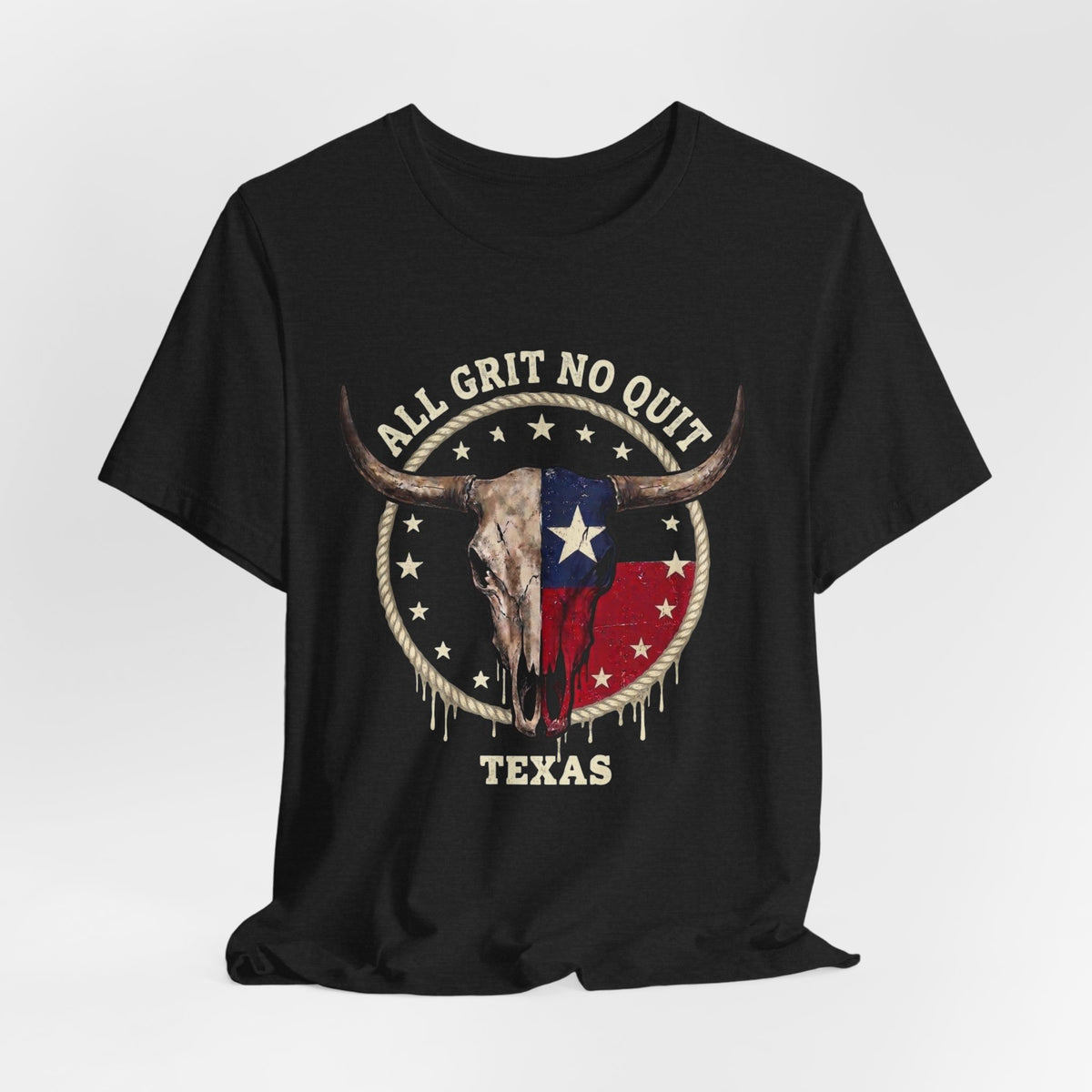 Texas Longhorn Skull Tee - "All Grit No Quit" Vintage Flag Graphic T-Shirt
