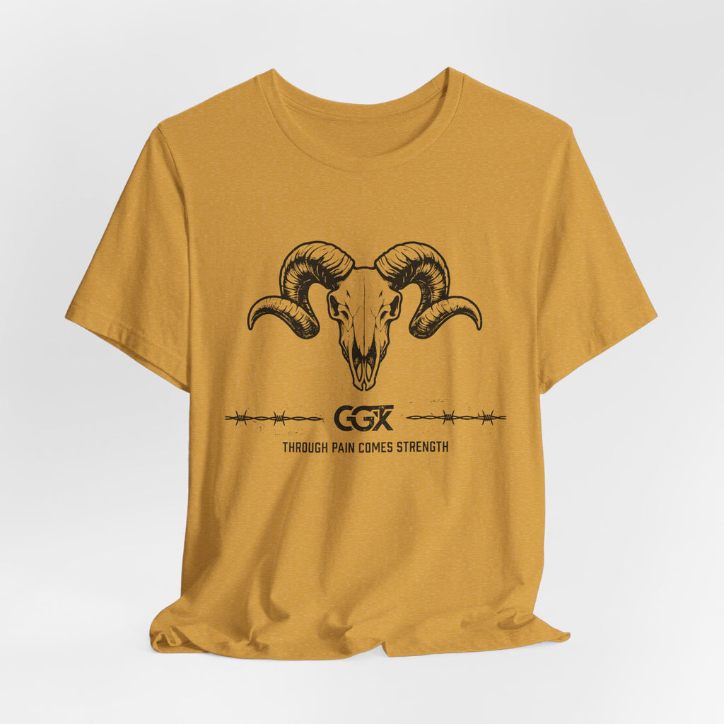 Ram Skull Graphic Tee — "Through Pain Comes Strength" Motivational T-Shirt