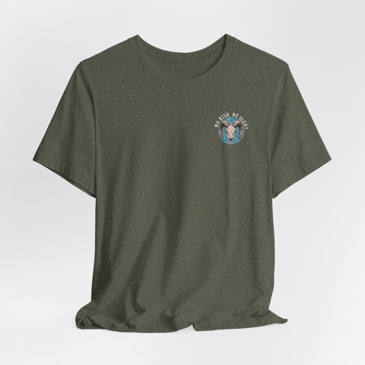 Ram Skull Tee — Vintage Ram Skull Graphic T-Shirt (Back Print: "No Risk No Glory")
