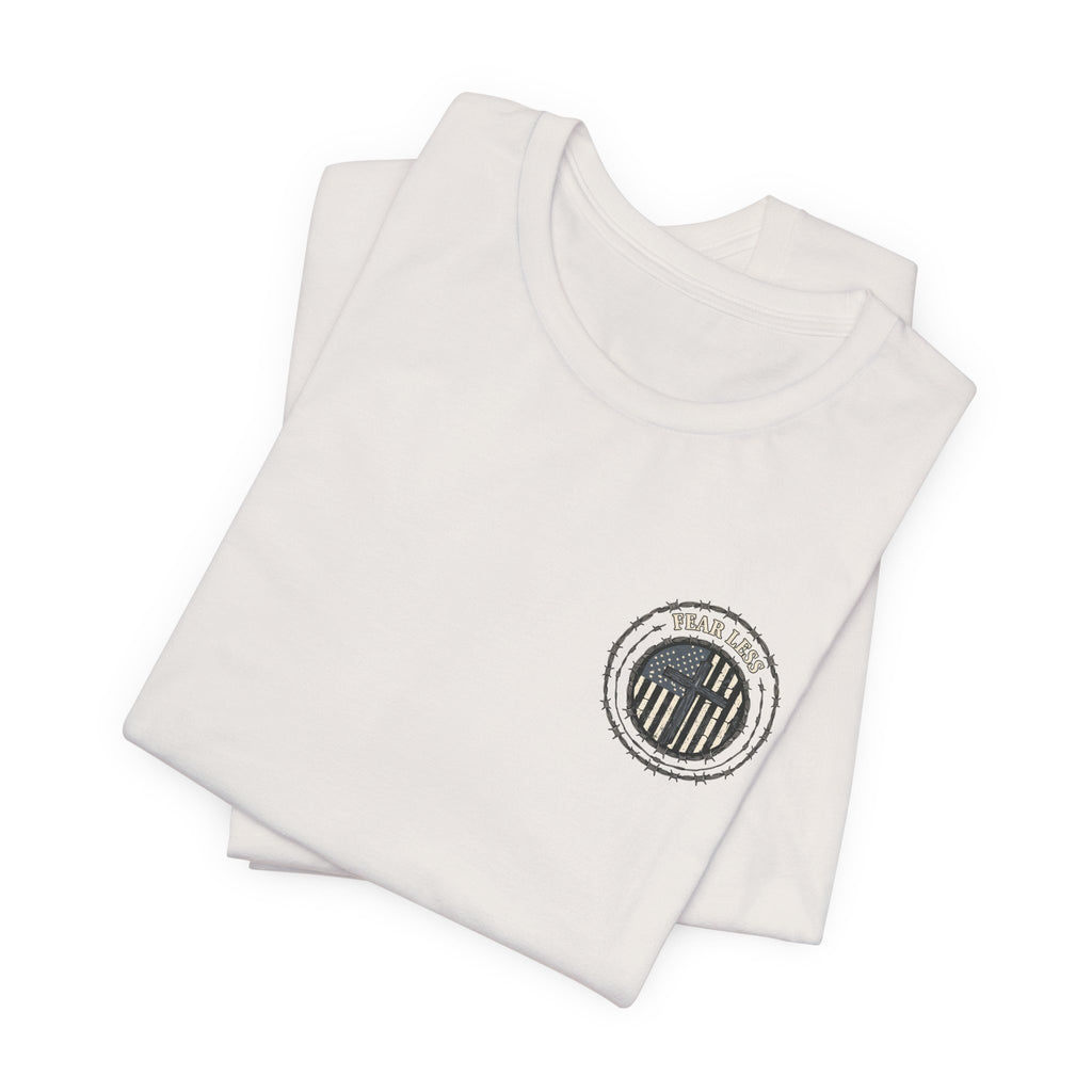 Fearless American Flag T‑Shirt — Distressed Barbed Wire Military Patriotic Tee