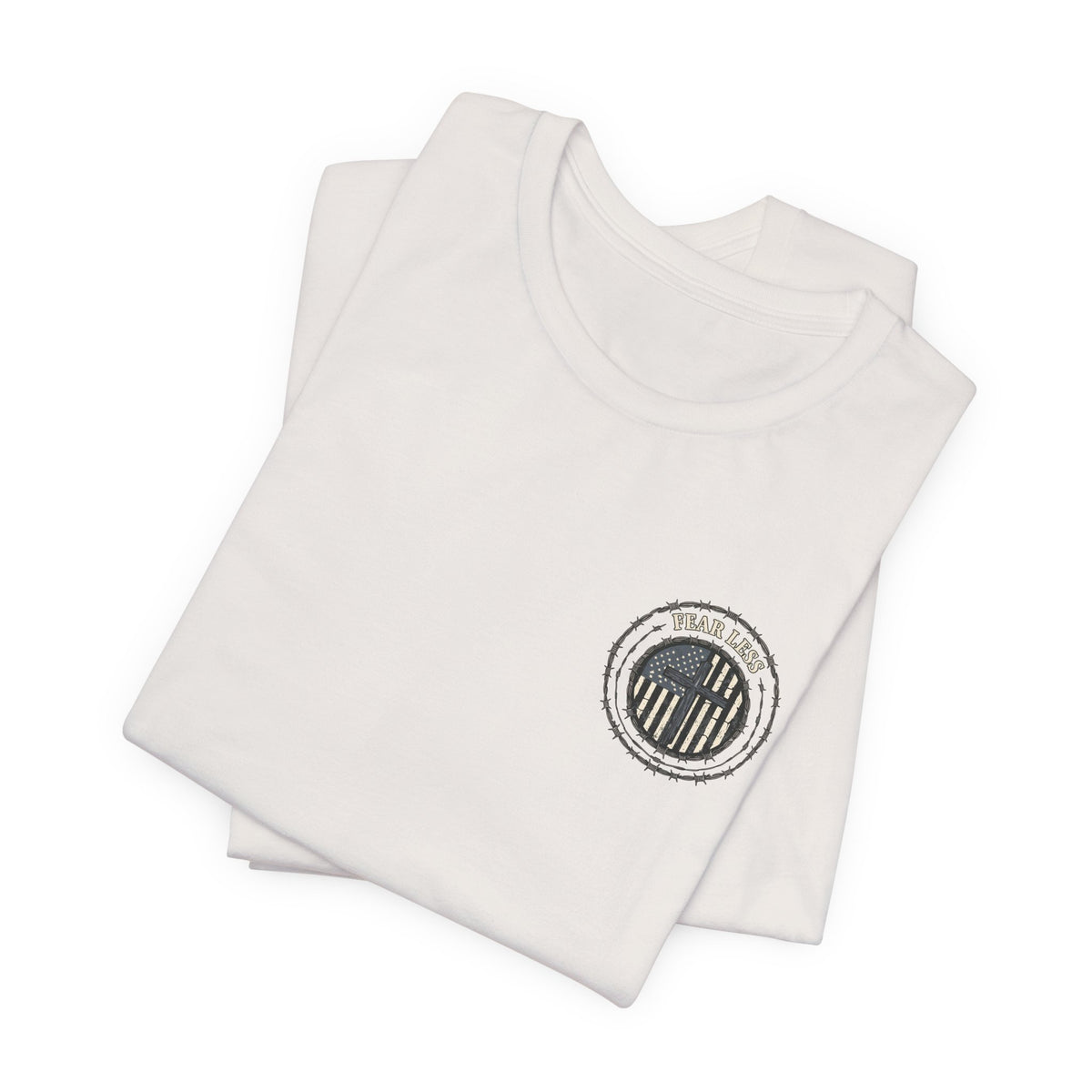 Fearless American Flag T‑Shirt — Distressed Barbed Wire Military Patriotic Tee