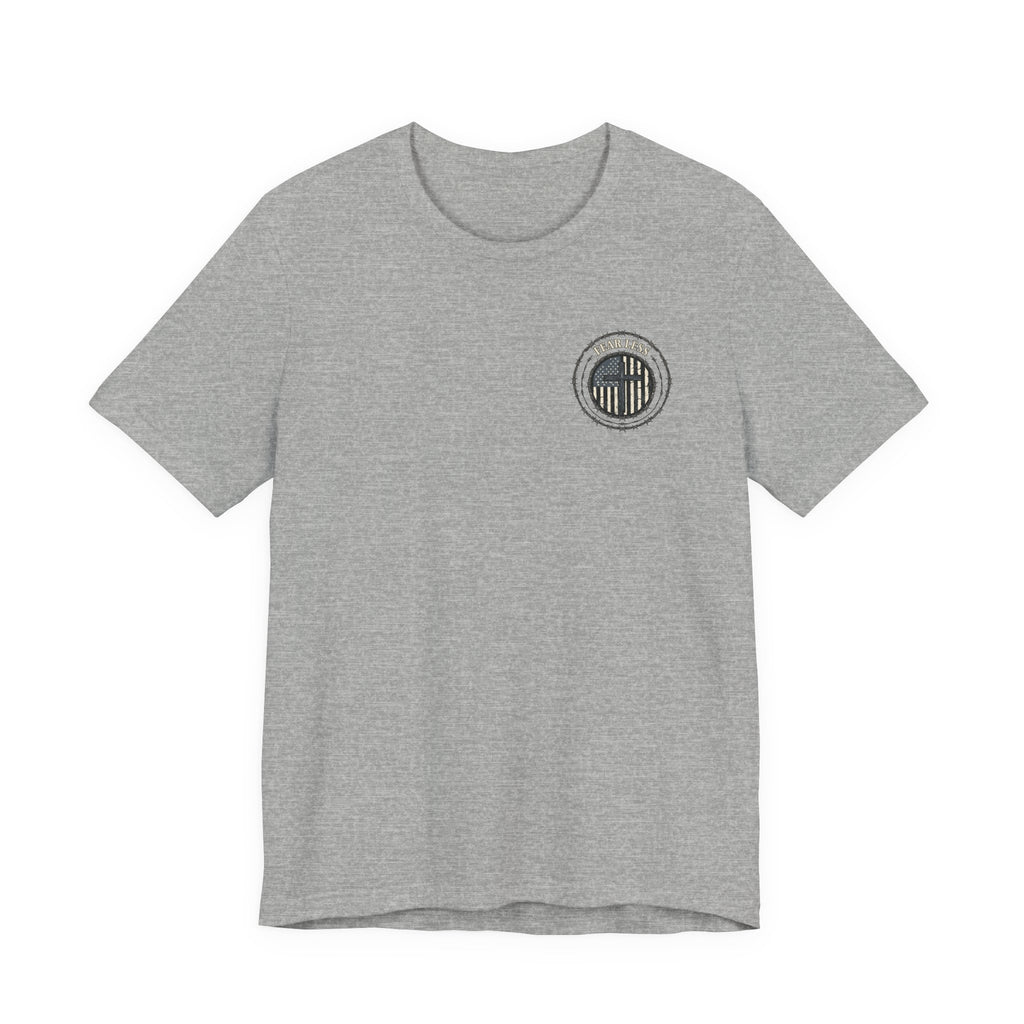 Fearless American Flag T‑Shirt — Distressed Barbed Wire Military Patriotic Tee