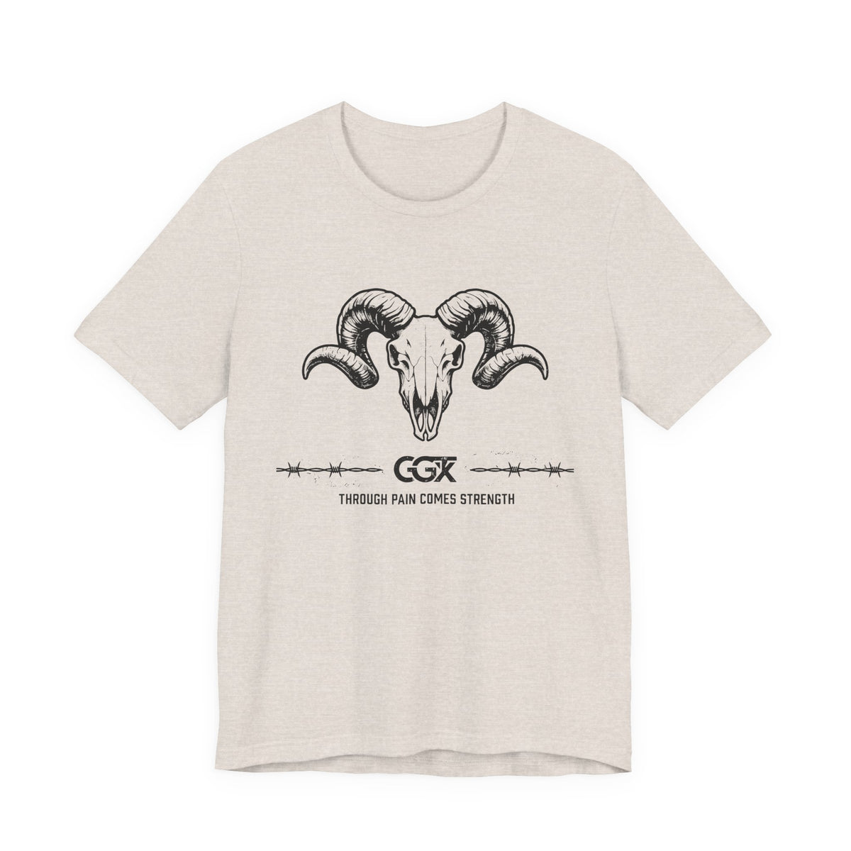 Ram Skull Graphic Tee — "Through Pain Comes Strength" Motivational T-Shirt