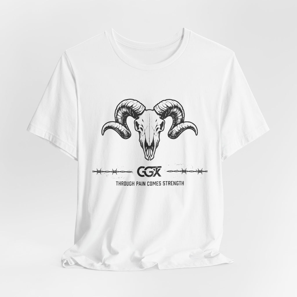 Ram Skull Graphic Tee — "Through Pain Comes Strength" Motivational T-Shirt