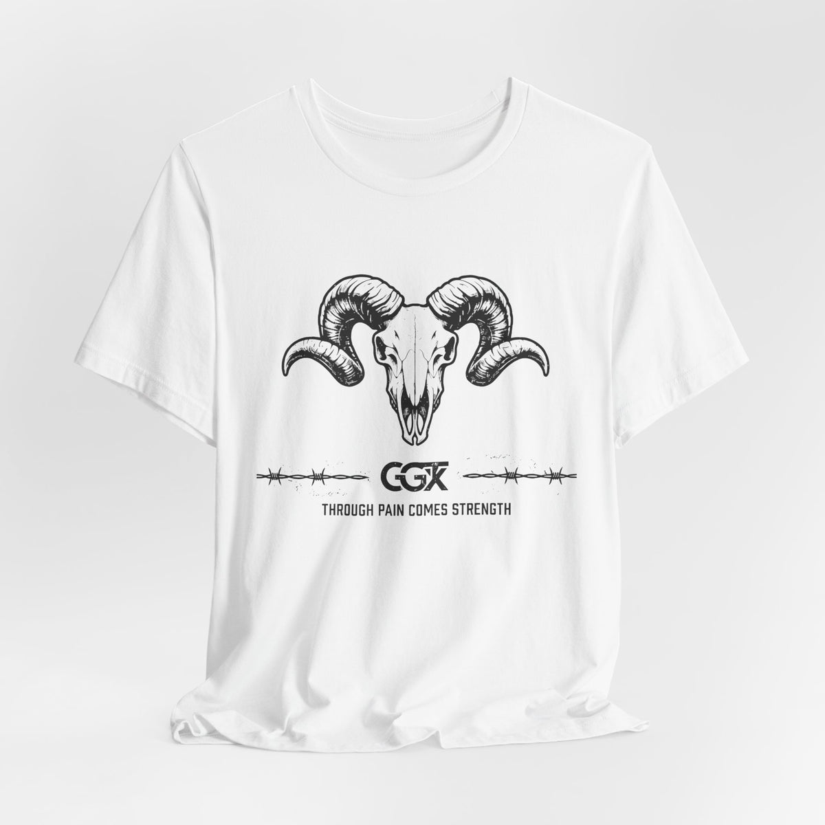 Ram Skull Graphic Tee — "Through Pain Comes Strength" Motivational T-Shirt