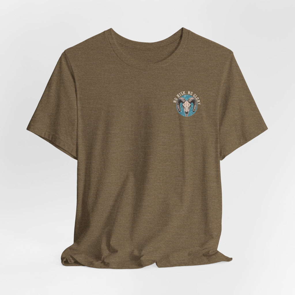 Ram Skull Tee — Vintage Ram Skull Graphic T-Shirt (Back Print: "No Risk No Glory")