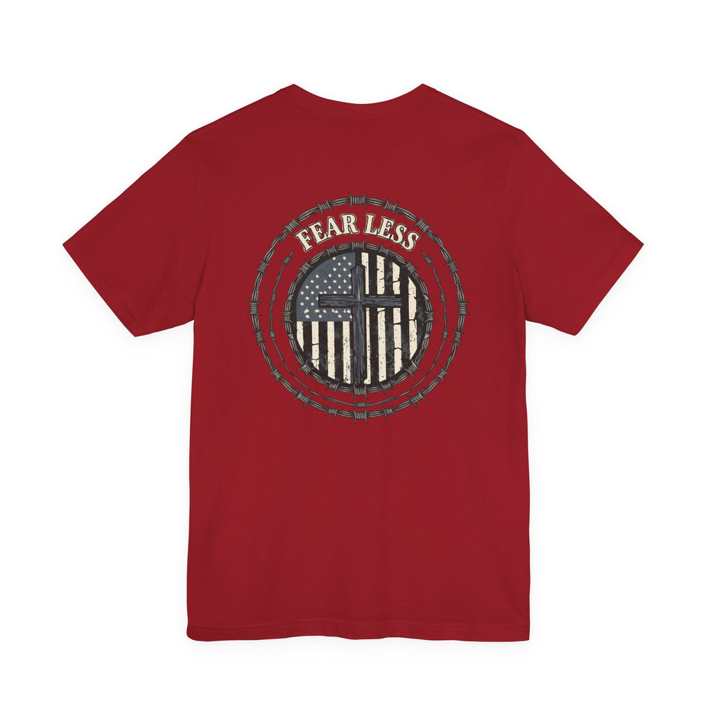 Fearless American Flag T‑Shirt — Distressed Barbed Wire Military Patriotic Tee
