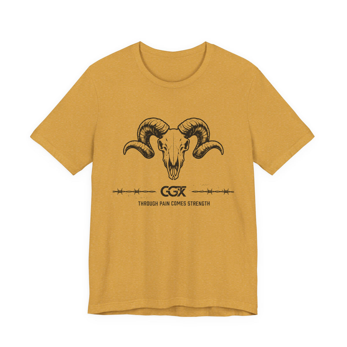 Ram Skull Graphic Tee — "Through Pain Comes Strength" Motivational T-Shirt