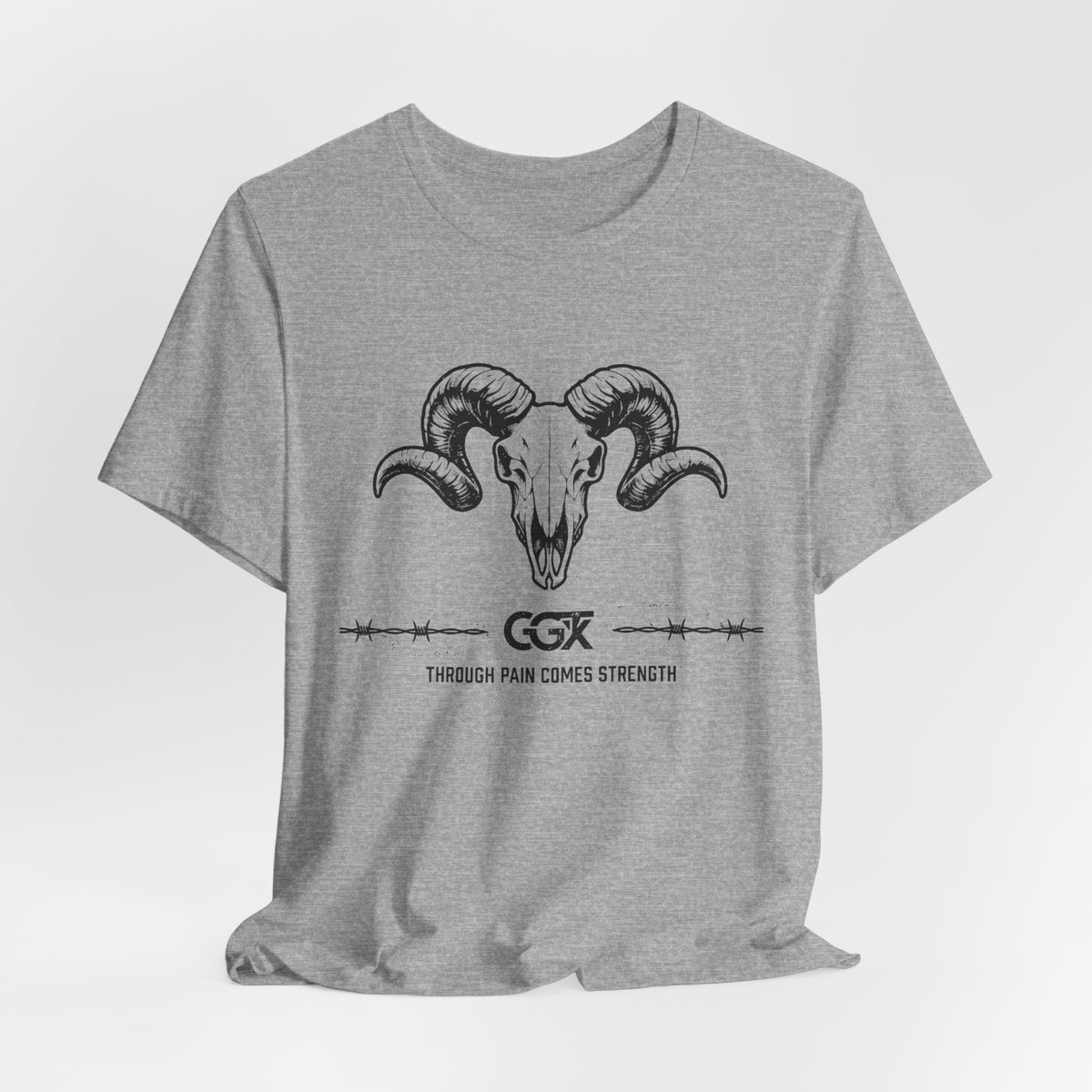 Ram Skull Graphic Tee — "Through Pain Comes Strength" Motivational T-Shirt