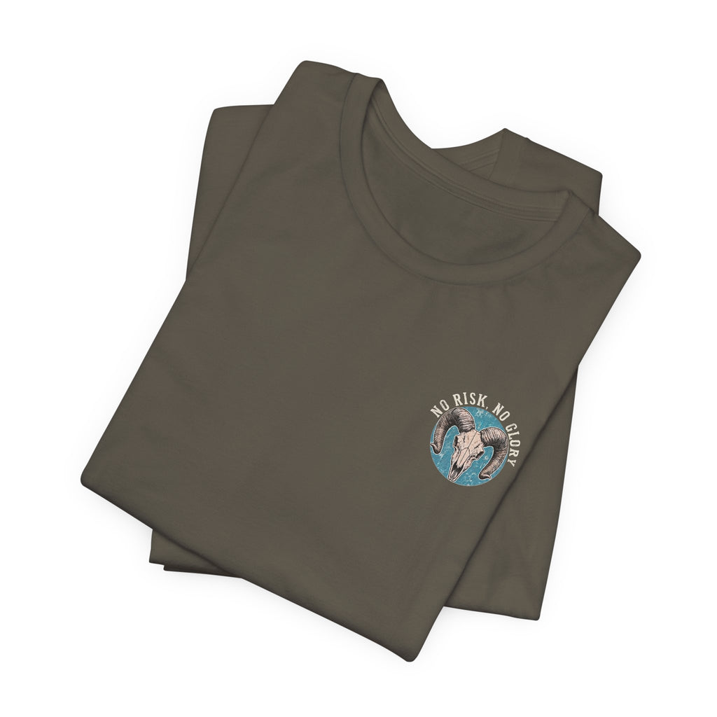 Ram Skull Tee — Vintage Ram Skull Graphic T-Shirt (Back Print: "No Risk No Glory")
