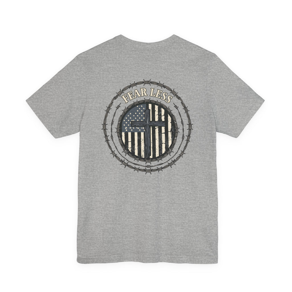 Fearless American Flag T‑Shirt — Distressed Barbed Wire Military Patriotic Tee
