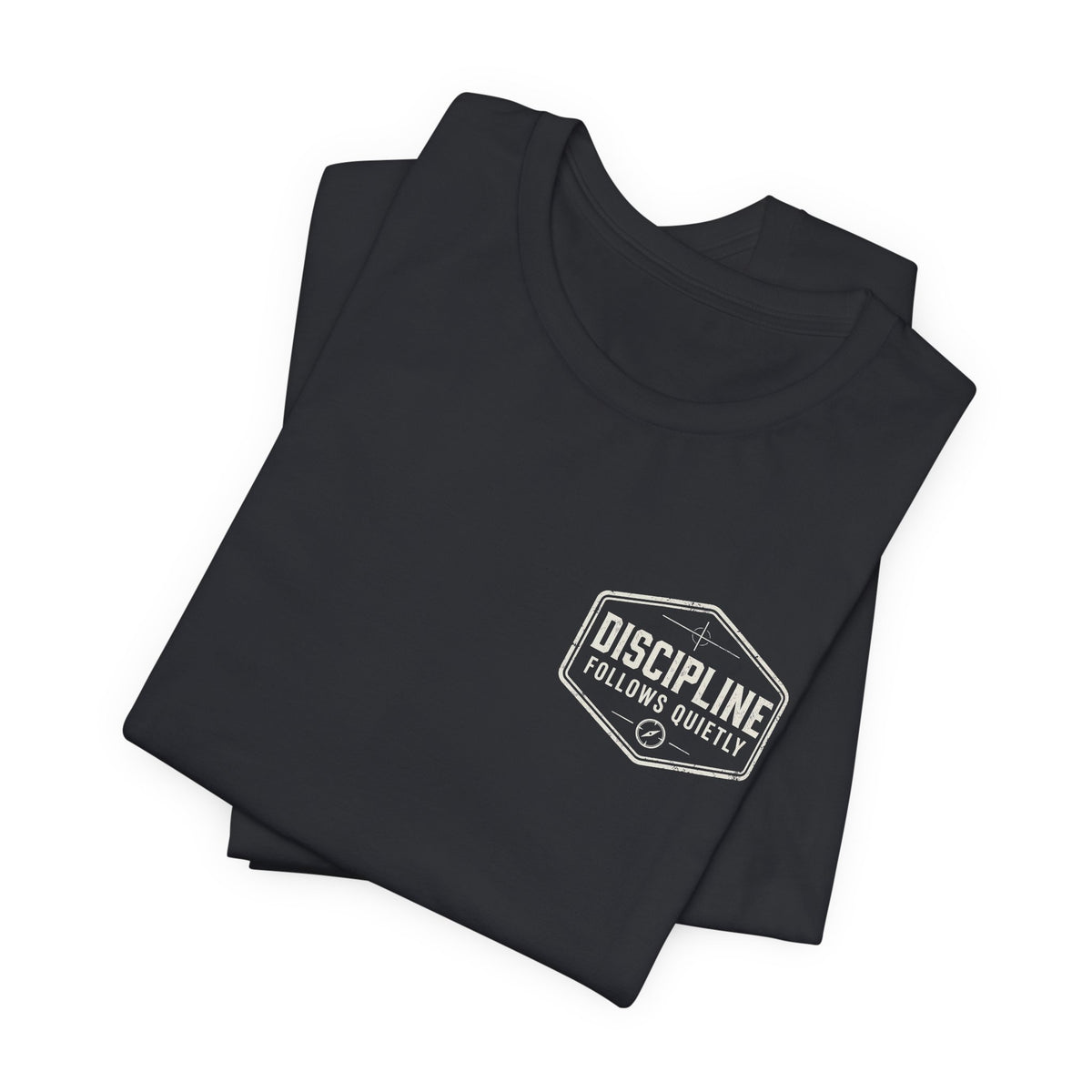 "Discipline Follows Quietly" Motivational Badge Graphic Tee