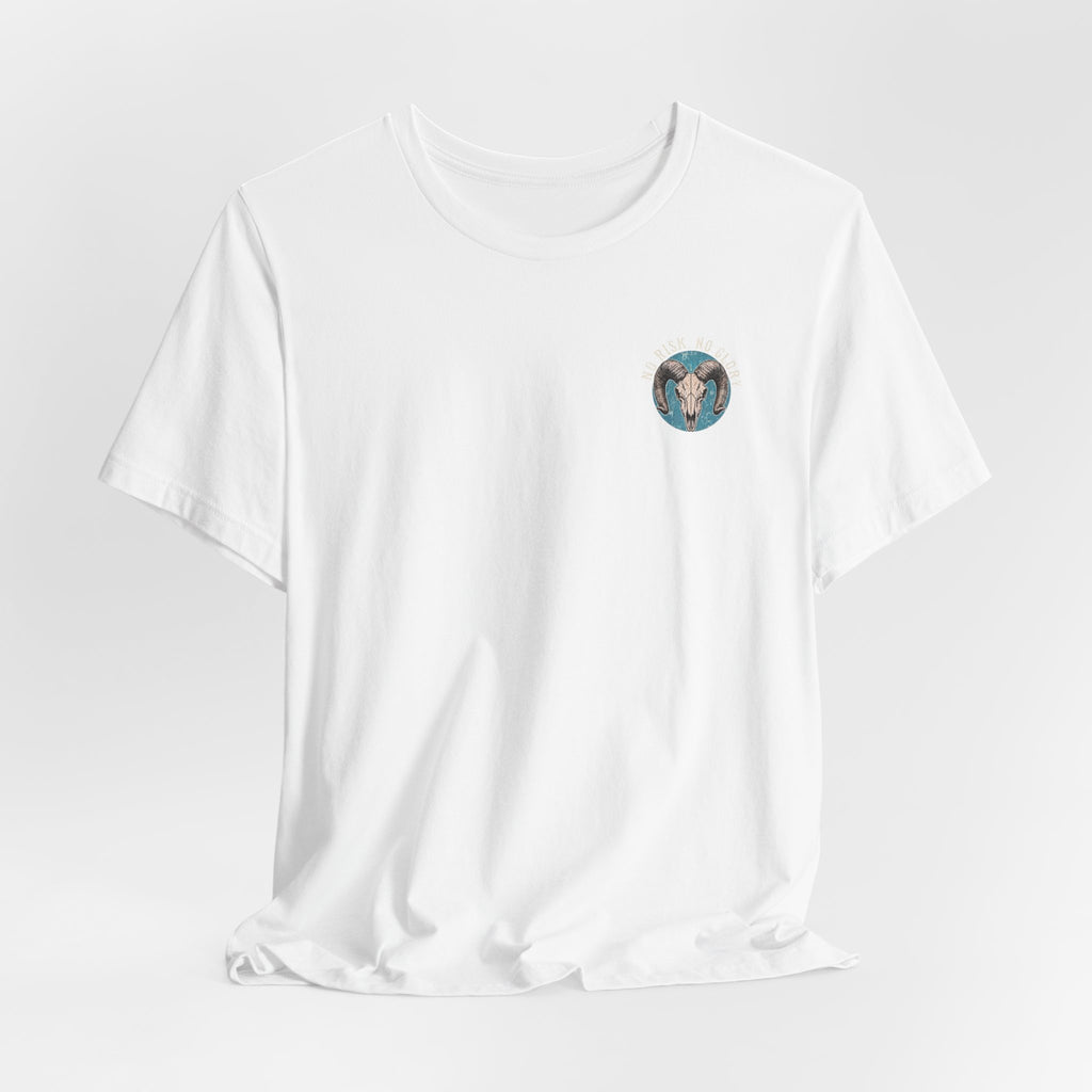 Ram Skull Tee — Vintage Ram Skull Graphic T-Shirt (Back Print: "No Risk No Glory")