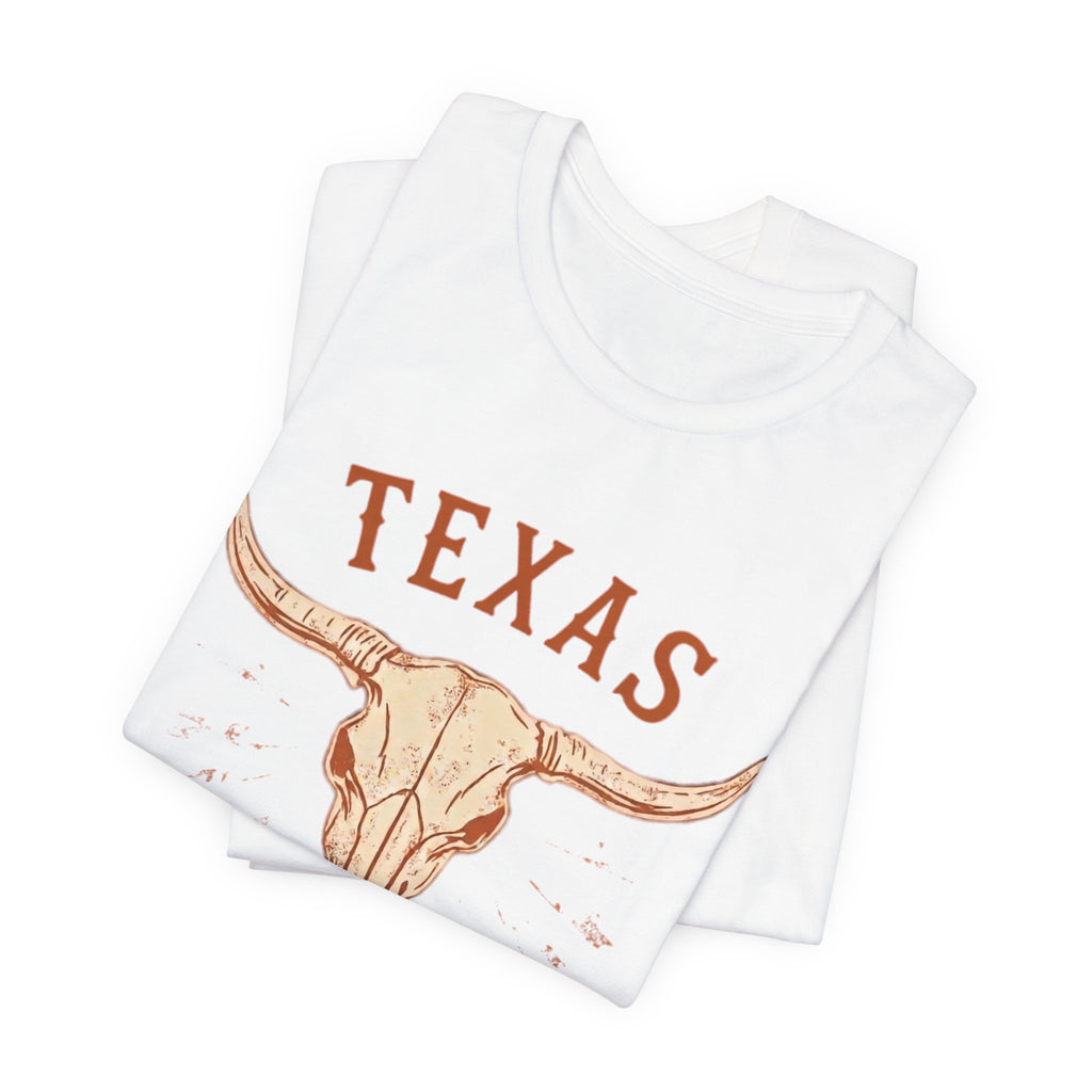 Texas Longhorn Skull T-Shirt — Minimalist Western Graphic Tee, Boho Cowgirl Apparel, Rustic Desert Shirt, Lone Star State Pride Top