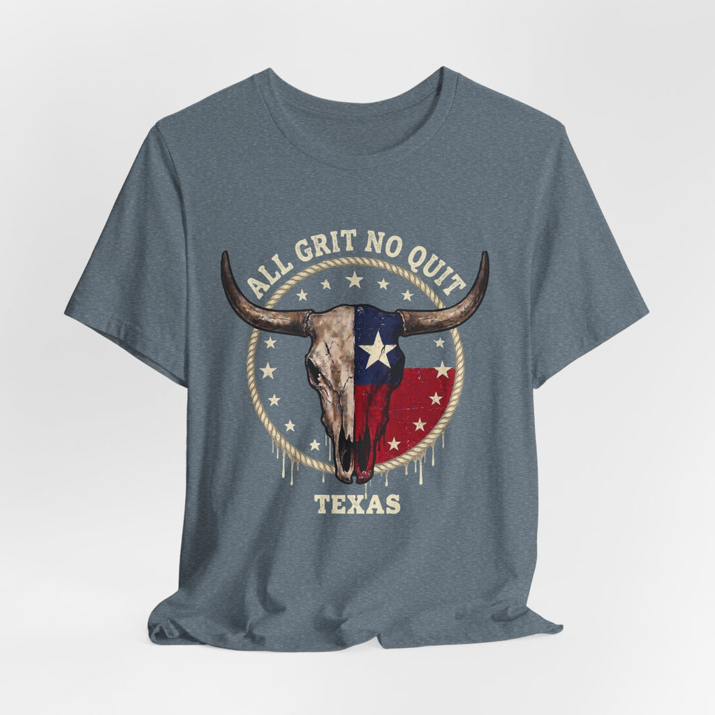 Texas Longhorn Skull Tee - "All Grit No Quit" Vintage Flag Graphic T-Shirt