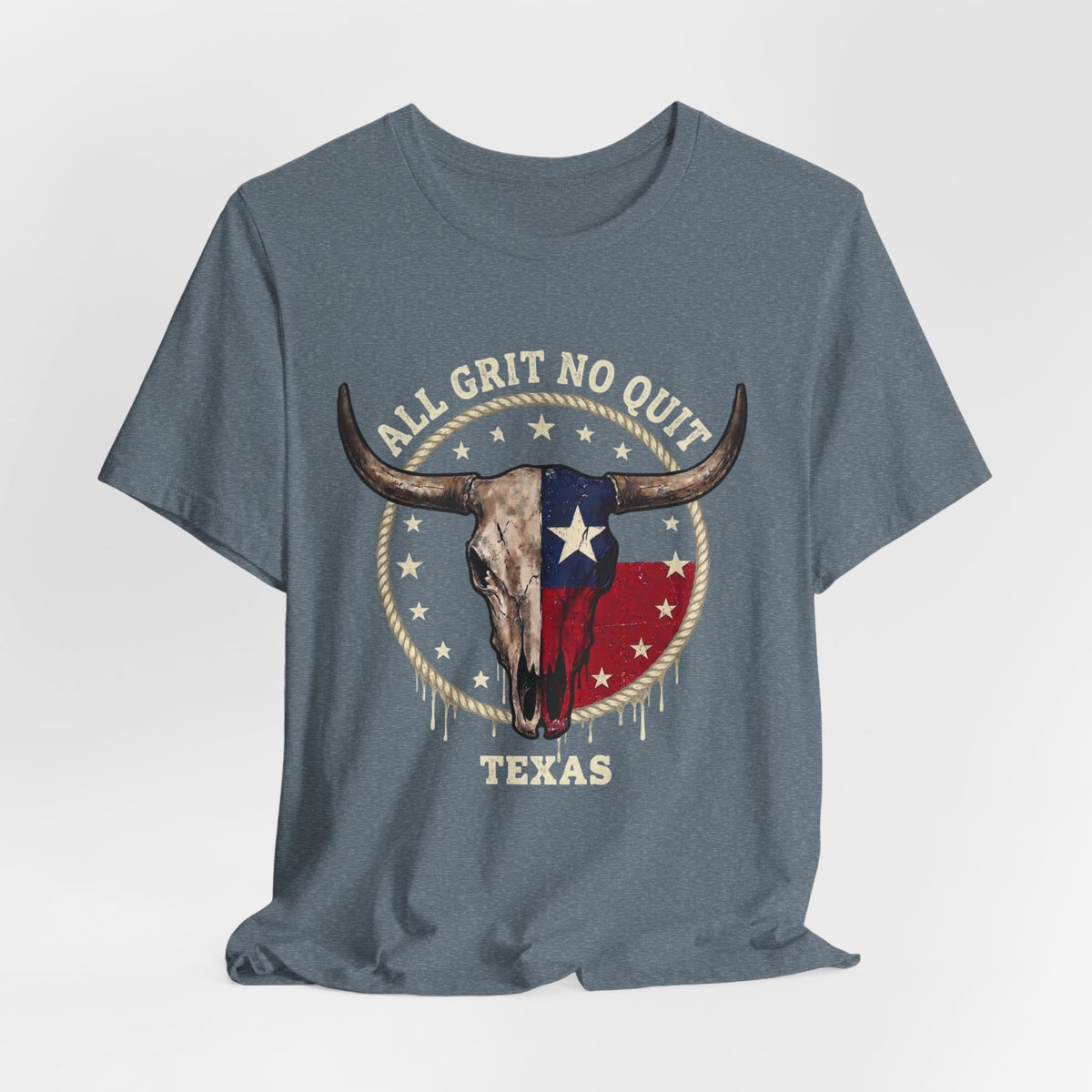 Texas Longhorn Skull Tee - "All Grit No Quit" Vintage Flag Graphic T-Shirt