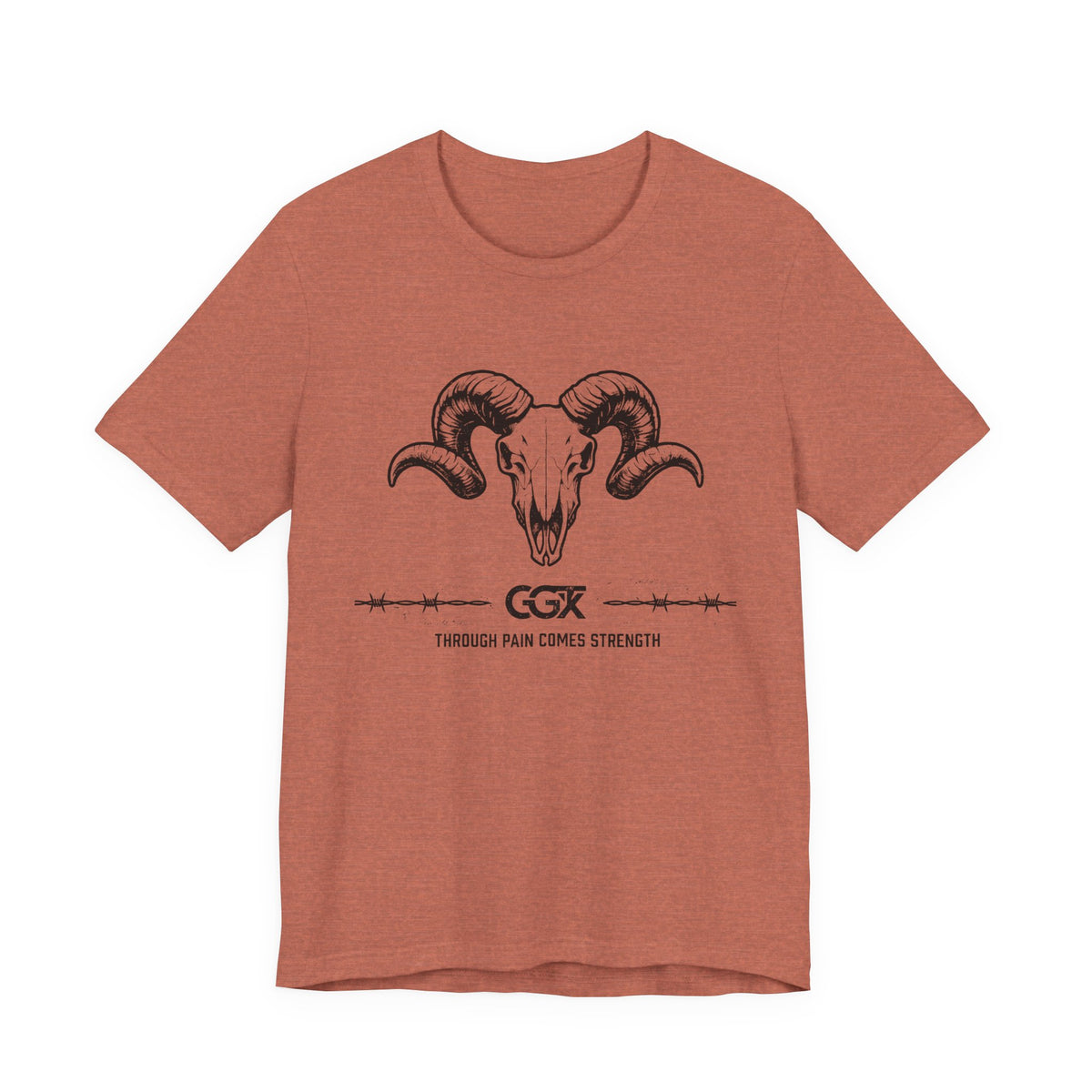 Ram Skull Graphic Tee — "Through Pain Comes Strength" Motivational T-Shirt