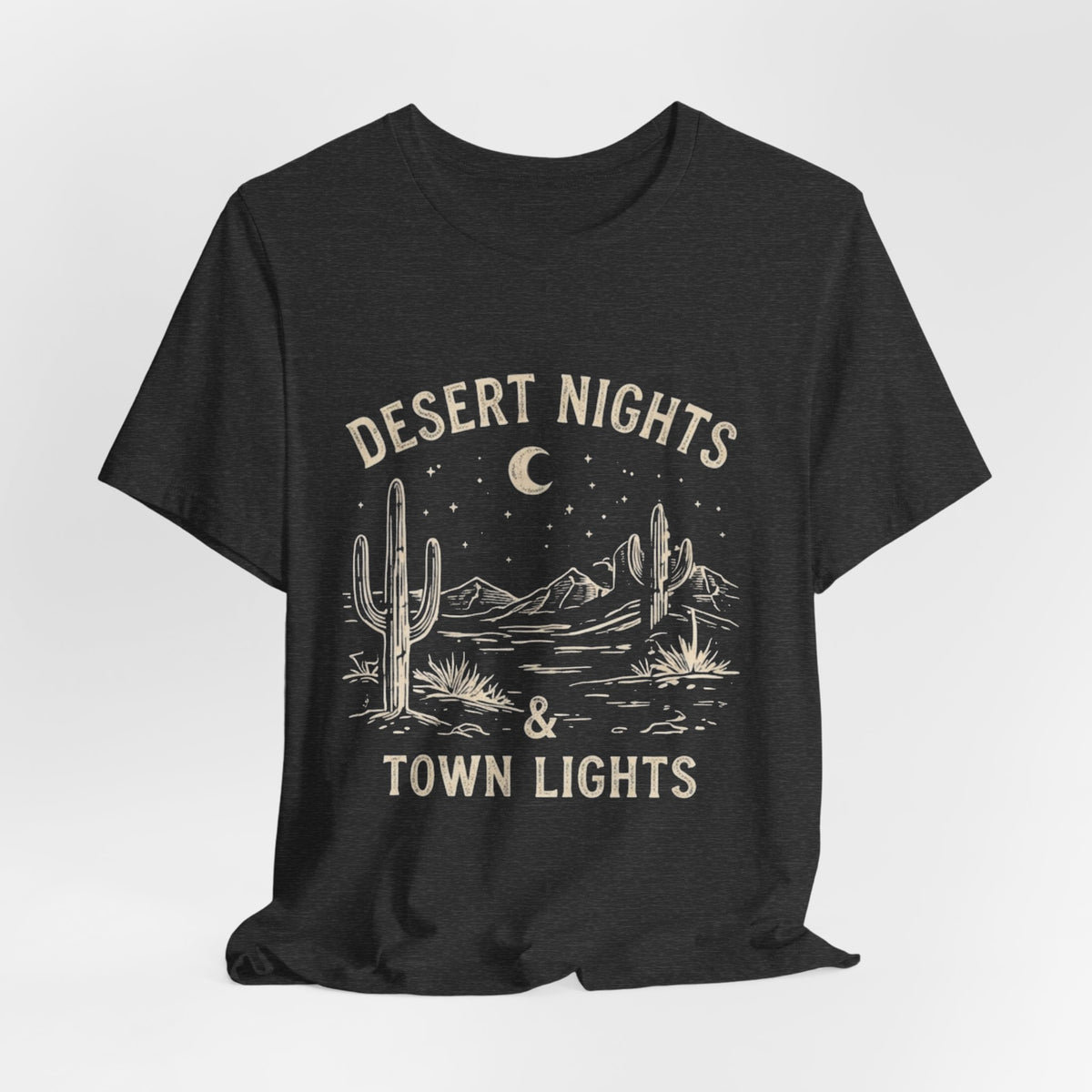 Desert Nights & Town Lights T-Shirt — Cactus Graphic Tee, Western Night Sky Apparel, Boho Desert Shirt, Country Music Top