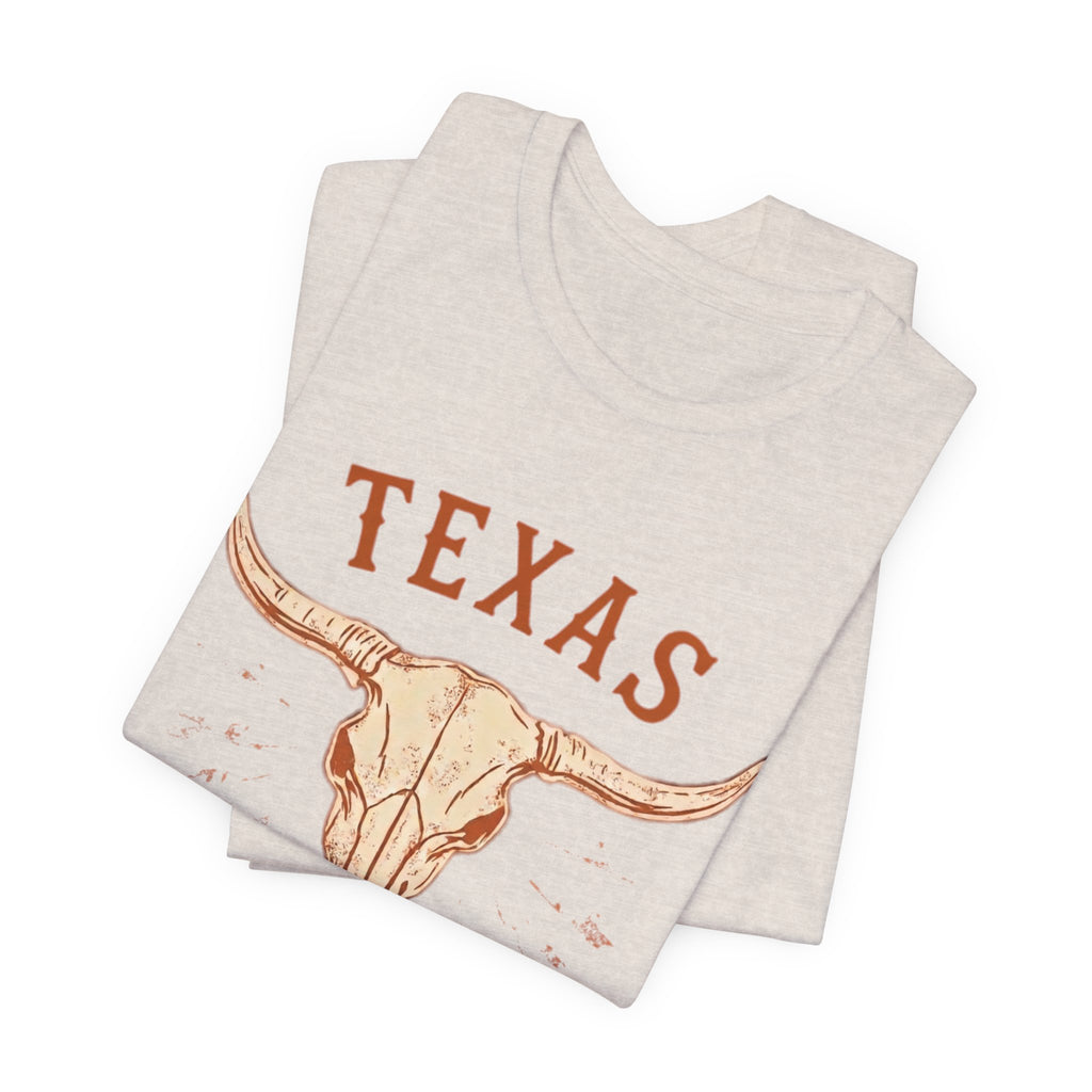 Texas Longhorn Skull T-Shirt — Minimalist Western Graphic Tee, Boho Cowgirl Apparel, Rustic Desert Shirt, Lone Star State Pride Top