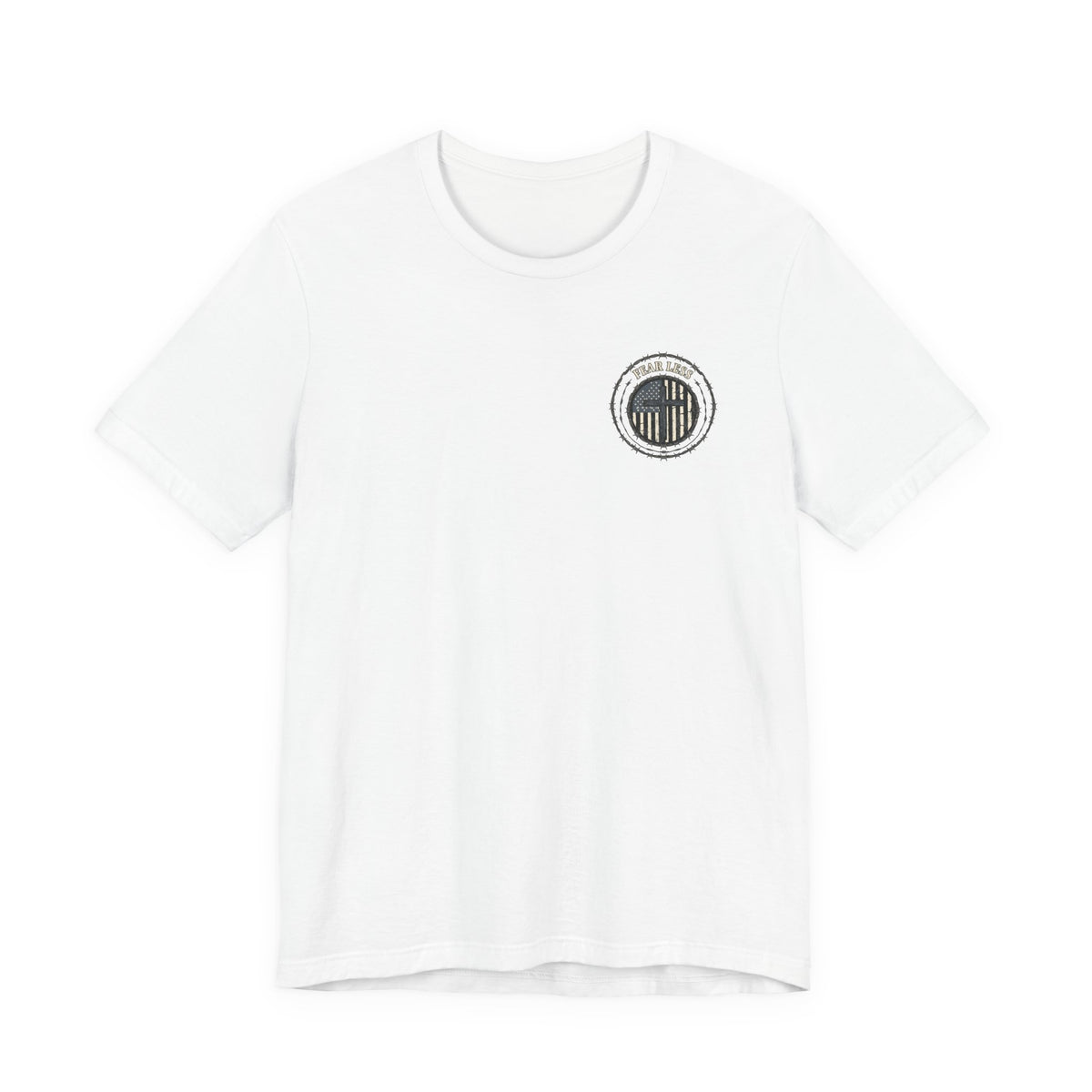 Fearless American Flag T‑Shirt — Distressed Barbed Wire Military Patriotic Tee