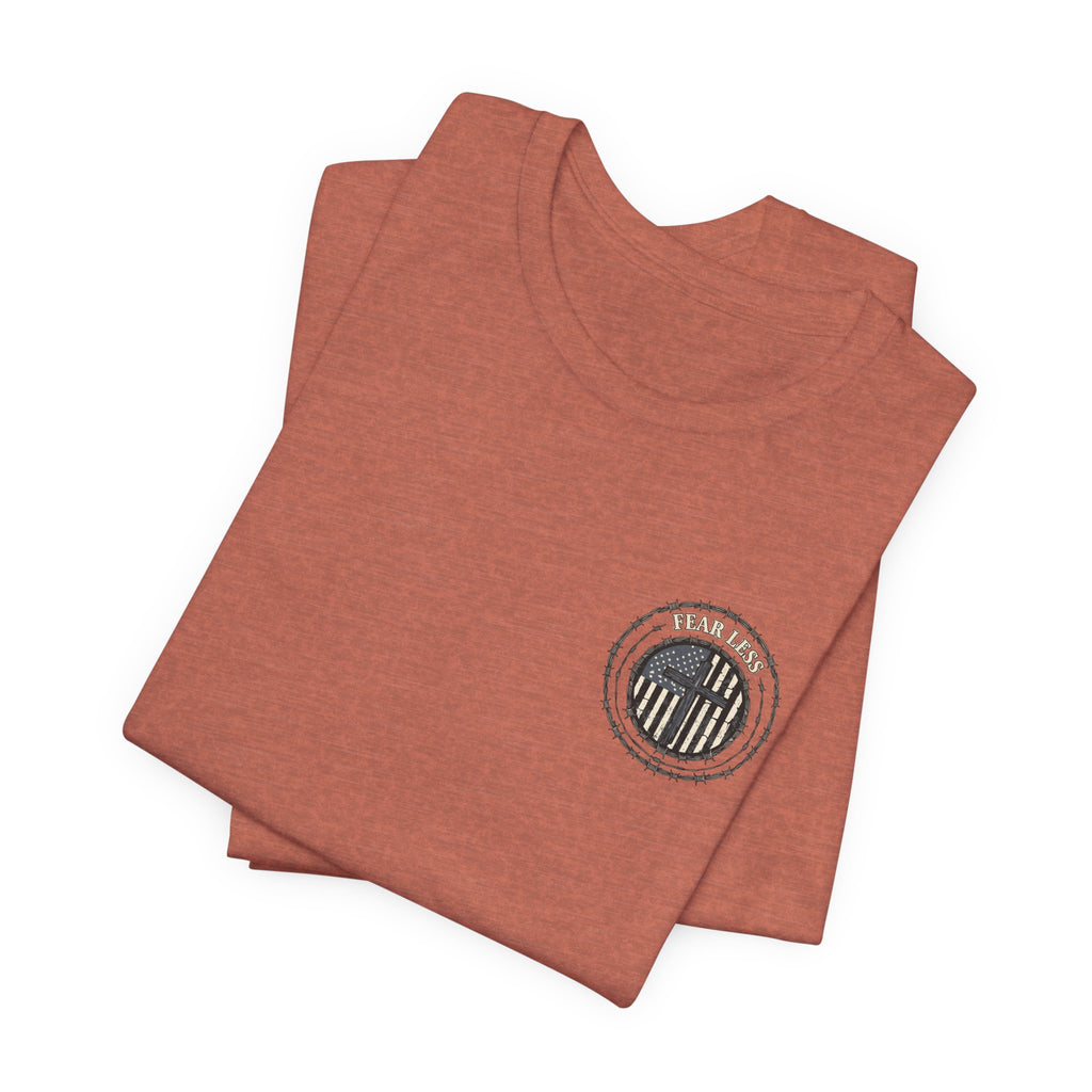 Fearless American Flag T‑Shirt — Distressed Barbed Wire Military Patriotic Tee