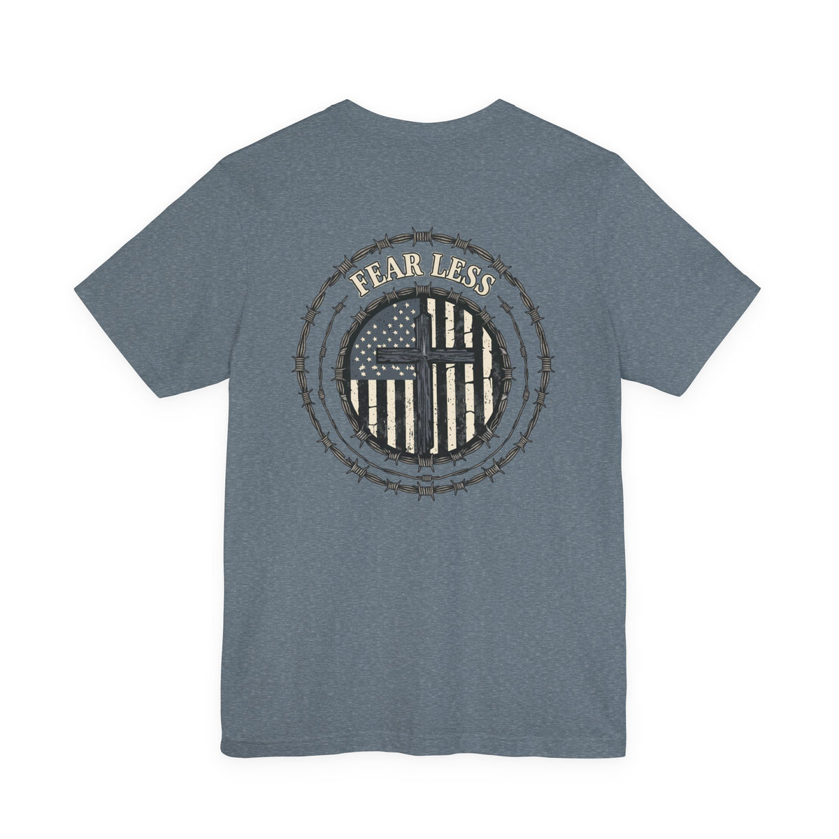 Fearless American Flag T‑Shirt — Distressed Barbed Wire Military Patriotic Tee