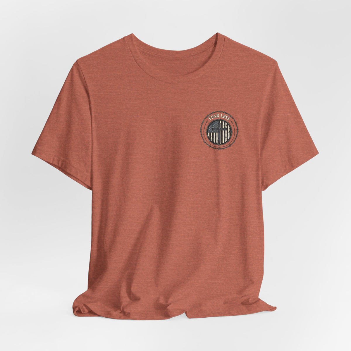 Fearless American Flag T‑Shirt — Distressed Barbed Wire Military Patriotic Tee